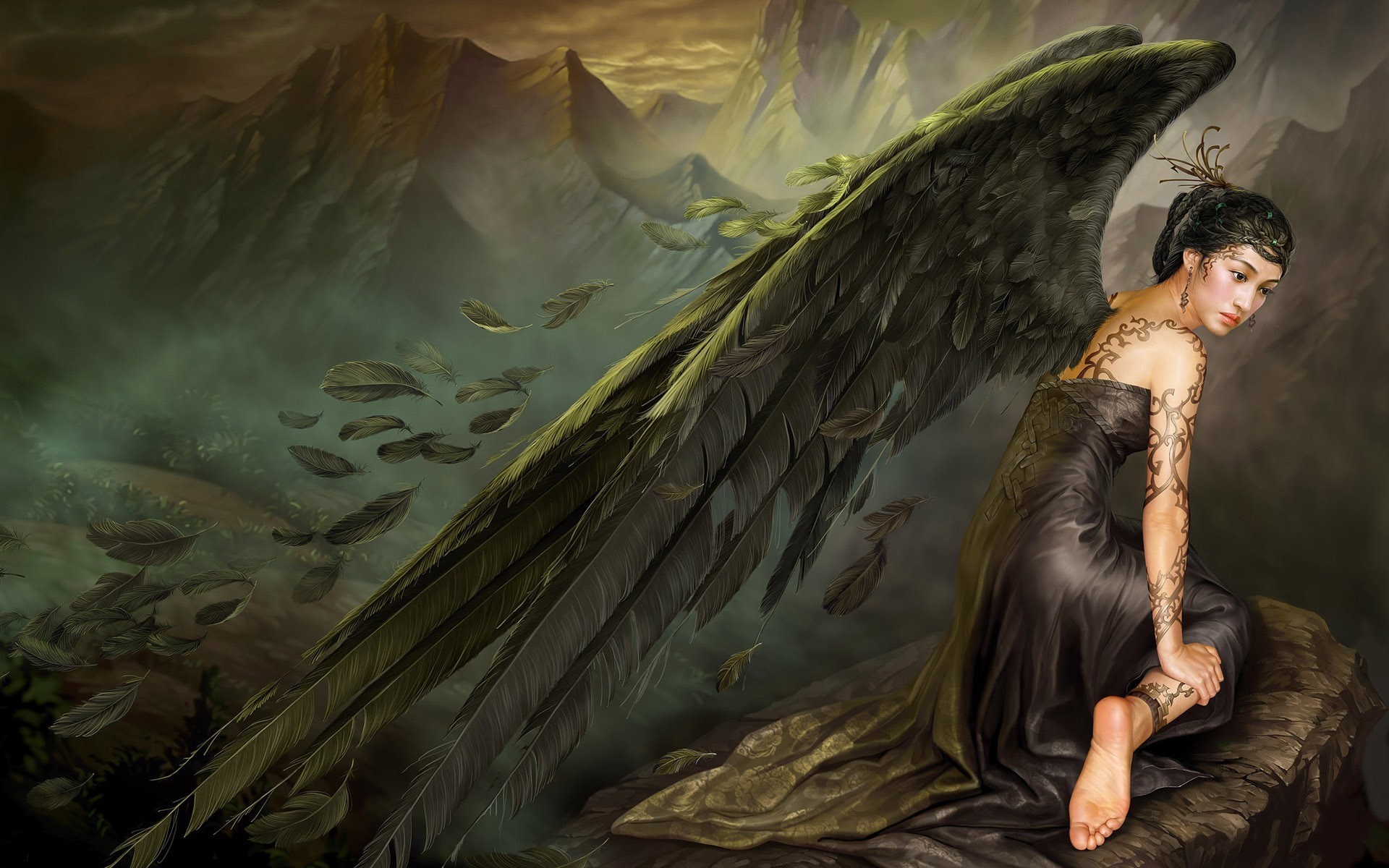 Angelo, Ali scure, Fantasy, Pittura, 1920x1200, sfondo per PC