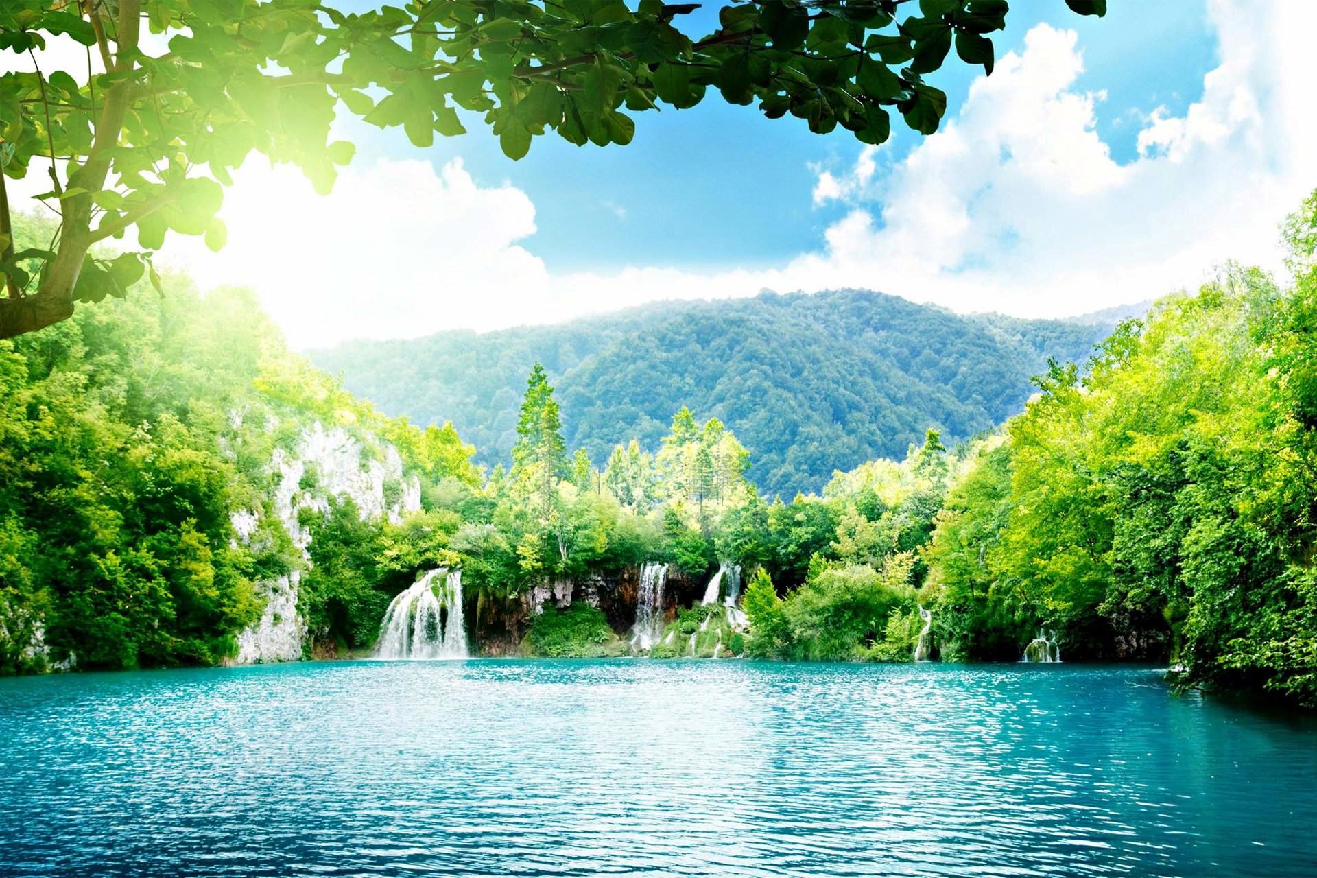 Lago, Cascate, Montagne, Foresta, Full HD, sfondo desktop