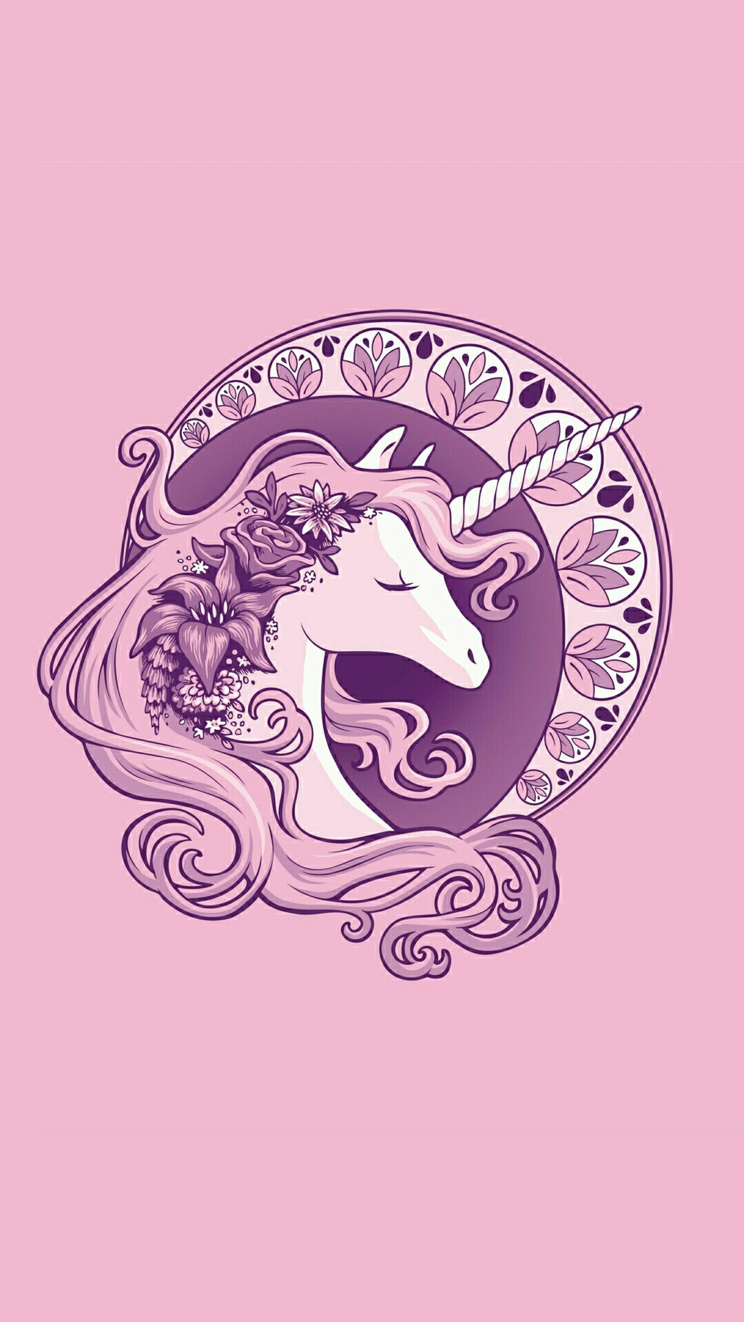 Unicorno, Art nouveau, Medaglione, Sfondo rosa, Full HD, wallpaper per smartphone