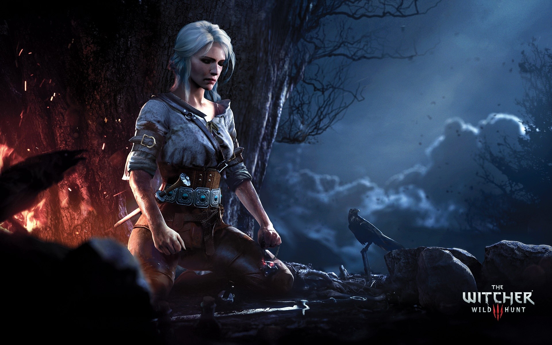 Ciri, The Witcher 3: Wild Hunt, Notte, Fuoco, Full HD, wallpaper desktop