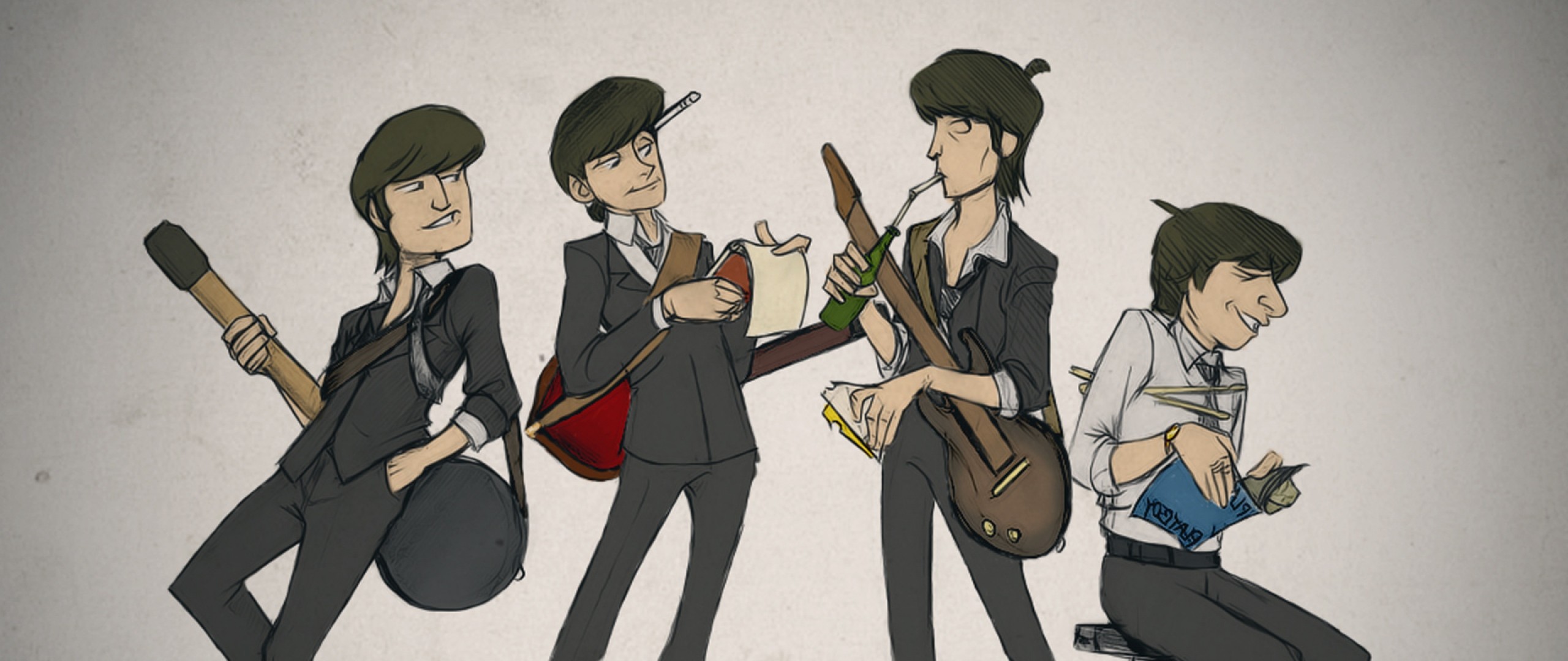 The Beatles, Cartone animato, Chitarre, Illustrazione, 21:9 Full HD, sfondo widescreen