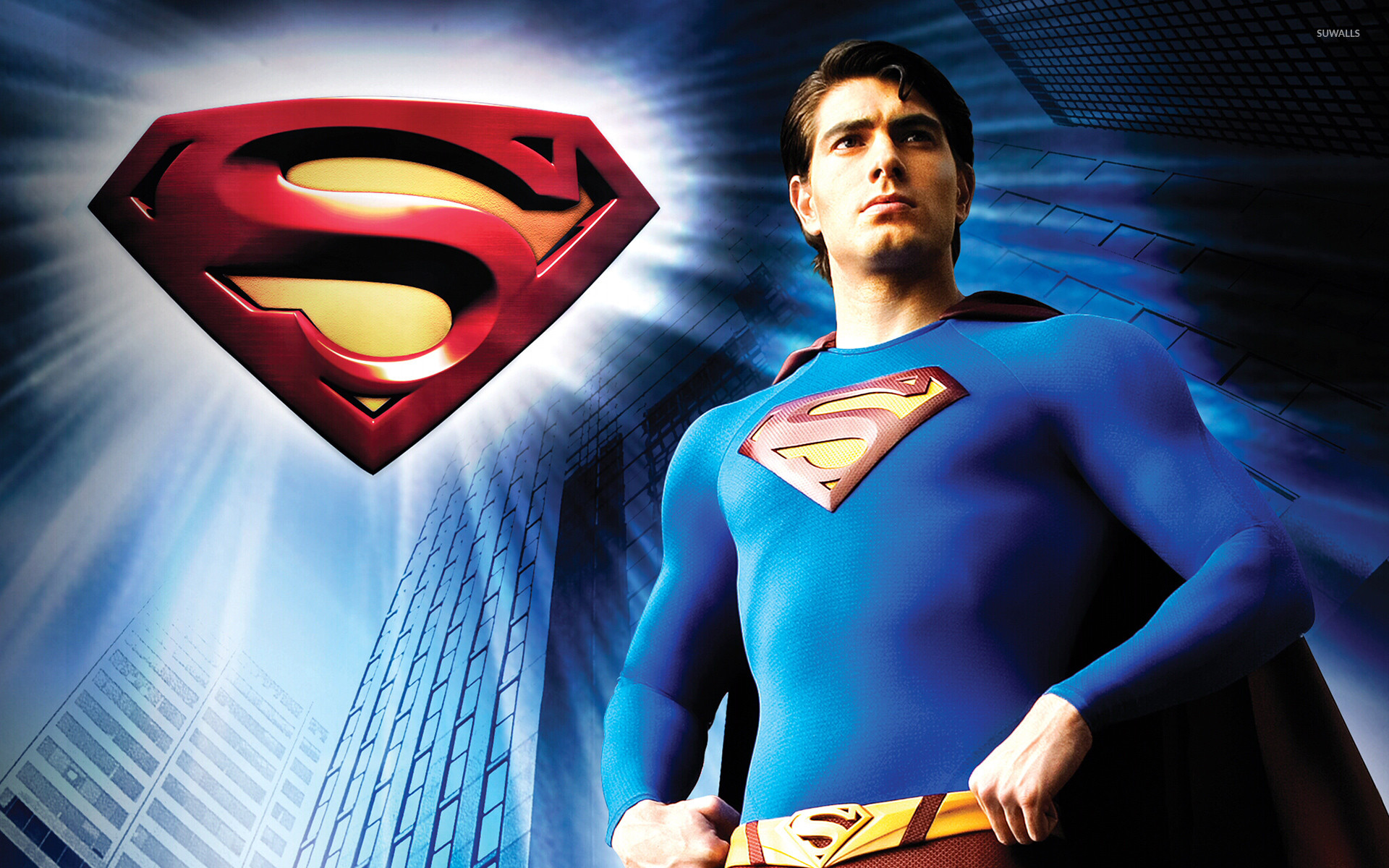 Brandon Routh, Superman, Superman Returns, Logo di Superman, Grattacieli, sfondo Full HD per computer