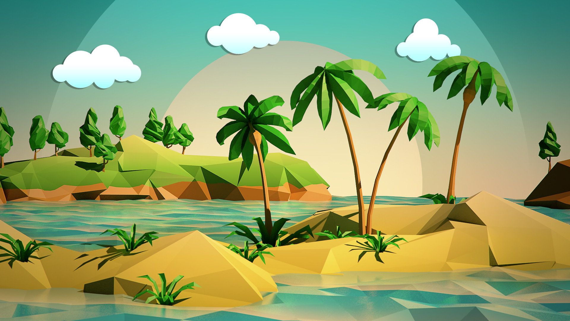 Isola tropicale, Palme, Low poly, Mare, Illustrazione, immagine di sfondo PC