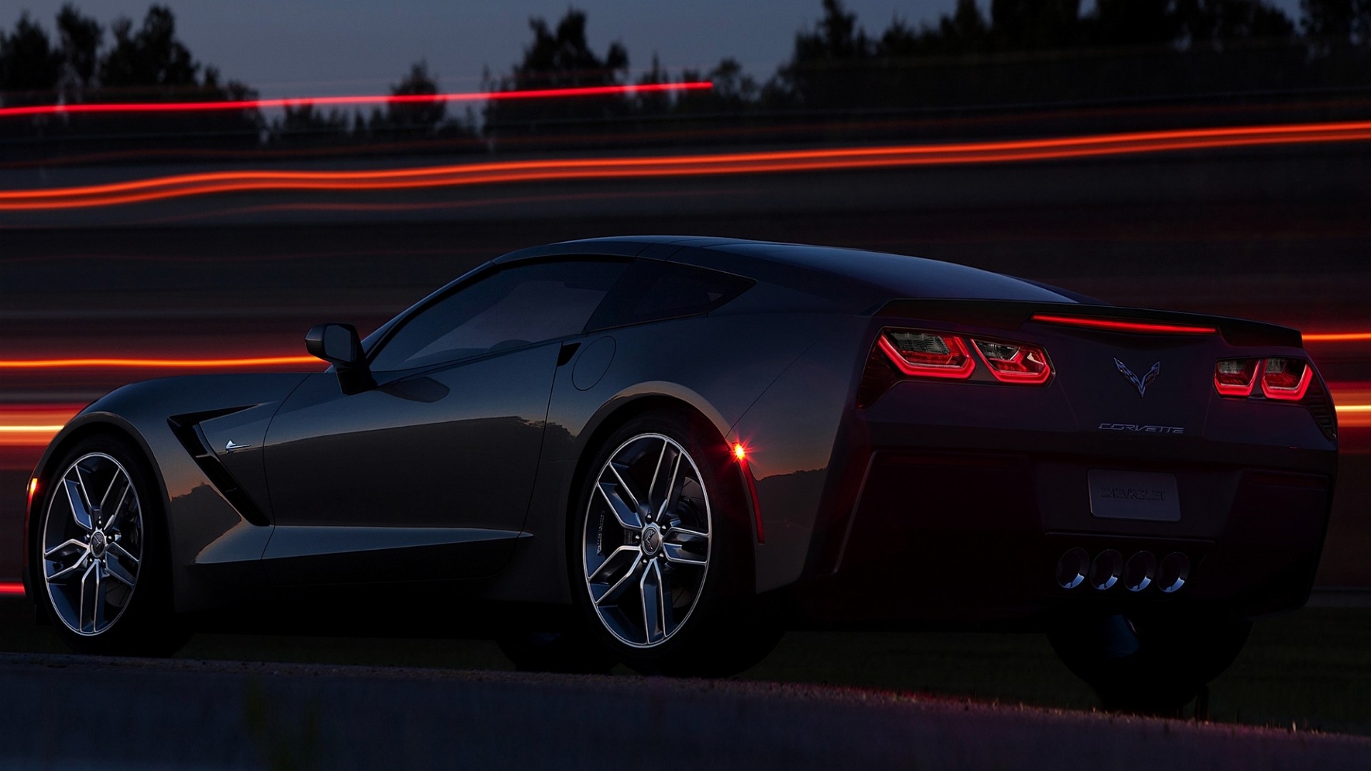 Chevrolet Corvette C7, Auto sportiva, Scie luminose, Notte, 1920x1080, immagine di sfondo