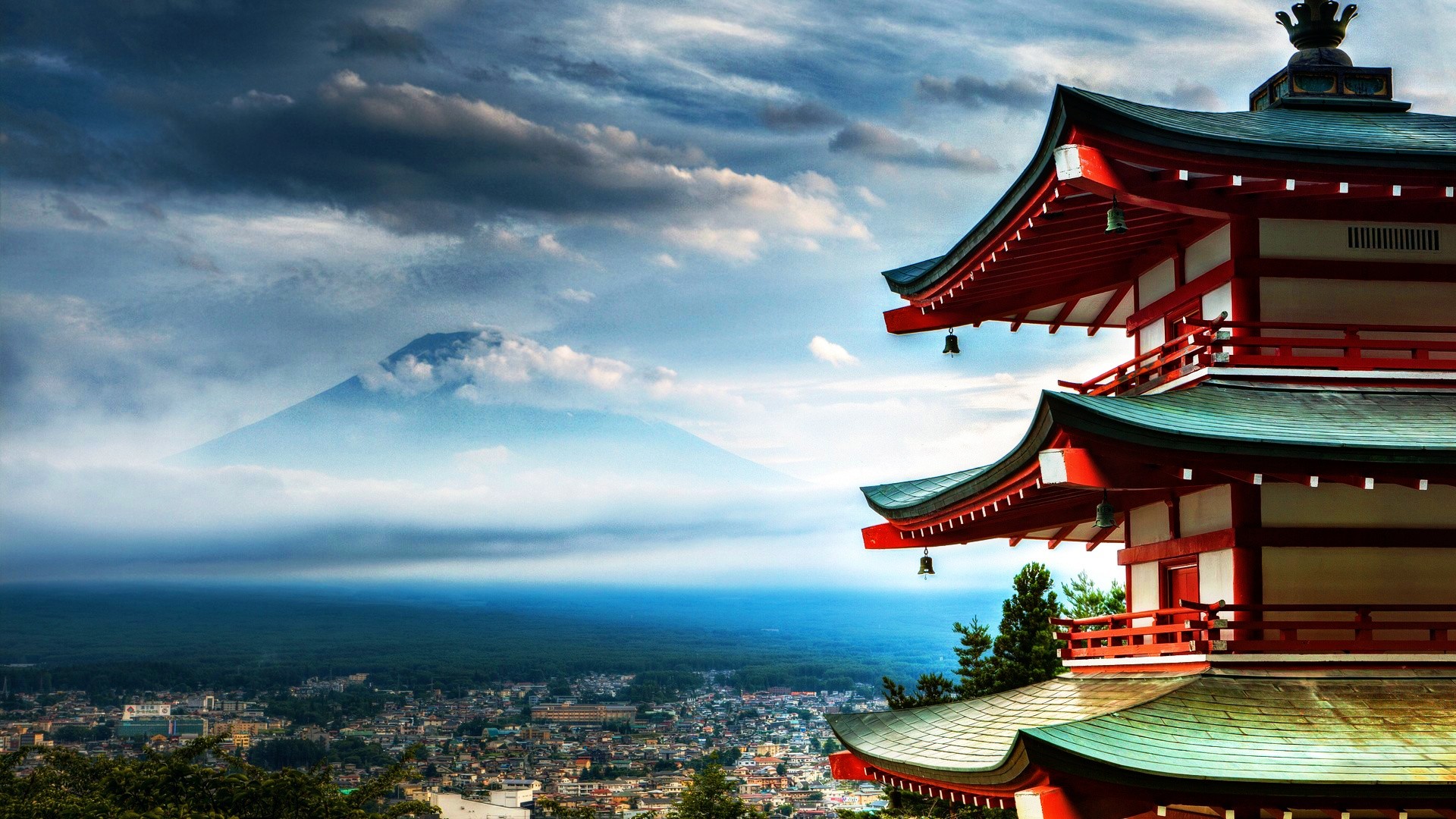 Pagoda Chureito, Monte Fuji, Fujiyoshida, Nuvole, Giappone, Full HD, sfondo per PC