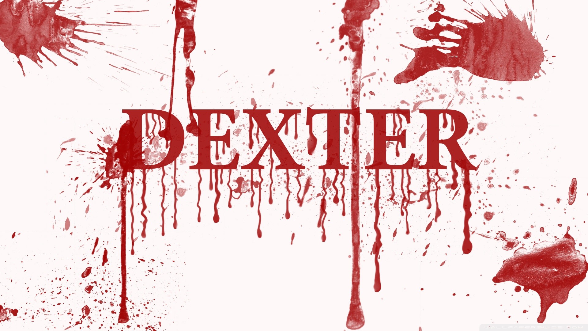 Dexter, Logo, Schizzi di sangue, Sfondo bianco, 16:9 Full HD, wallpaper widescreen