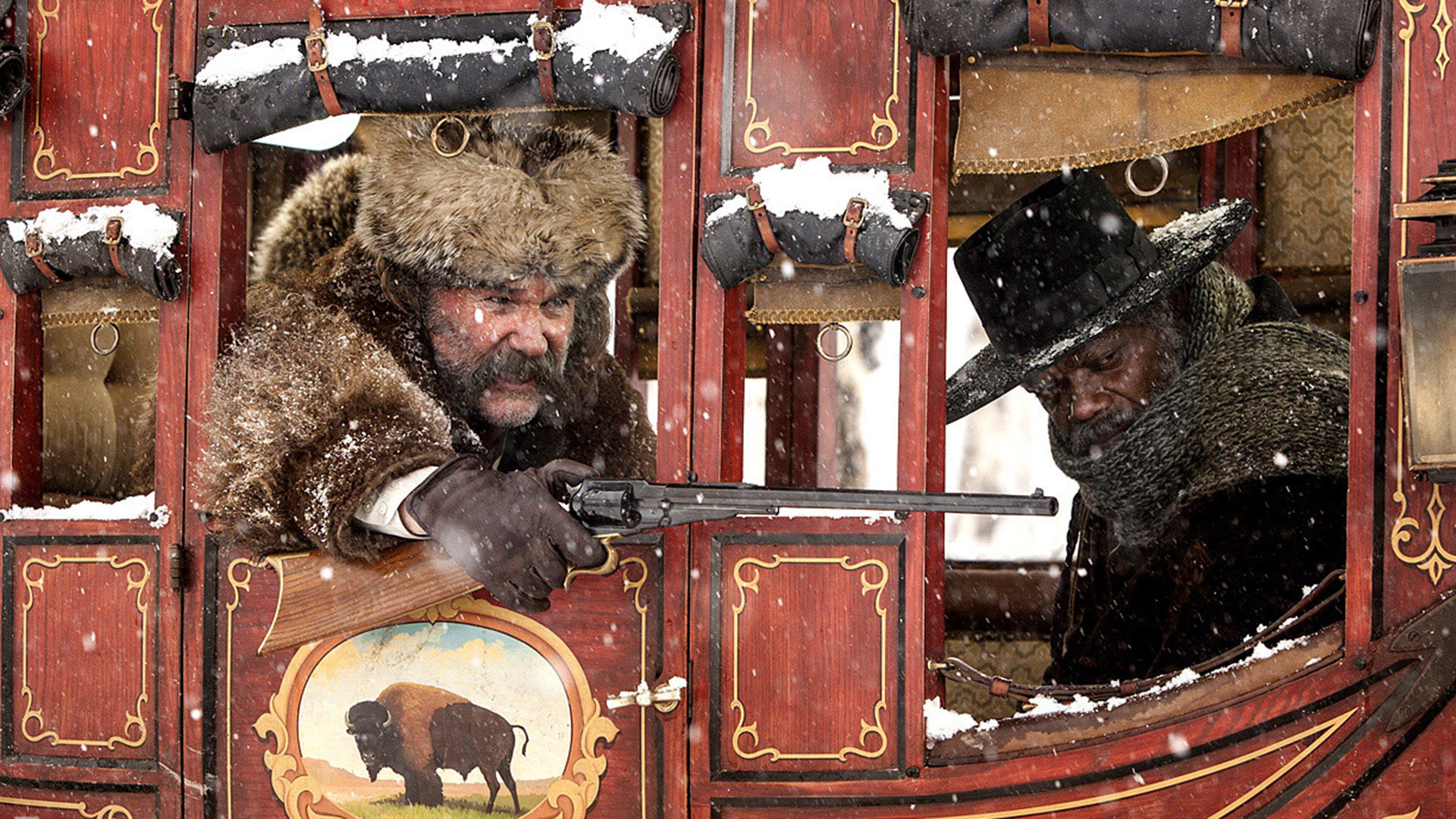 The Hateful Eight, Kurt Russell, Samuel L. Jackson, Diligenza, Pistola, sfondo 16:9 Full HD