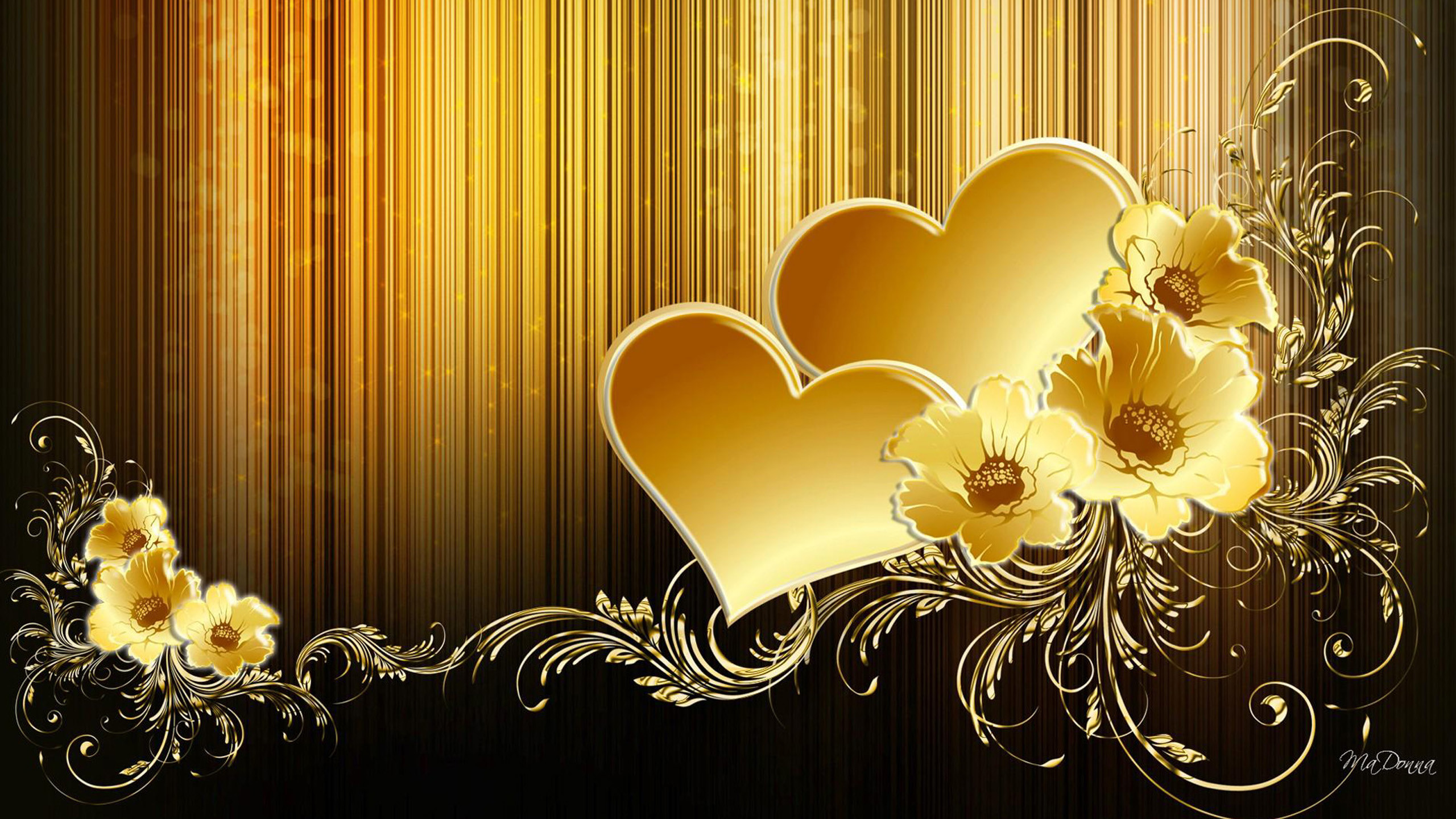 Cuori dorati, Fiori, Arabeschi, Oro, 2K, sfondo desktop