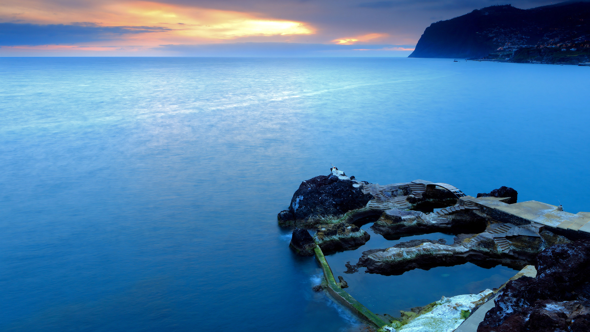 Mare blu, Scogli, Promontorio, Lunga esposizione, Full HD, sfondo per desktop
