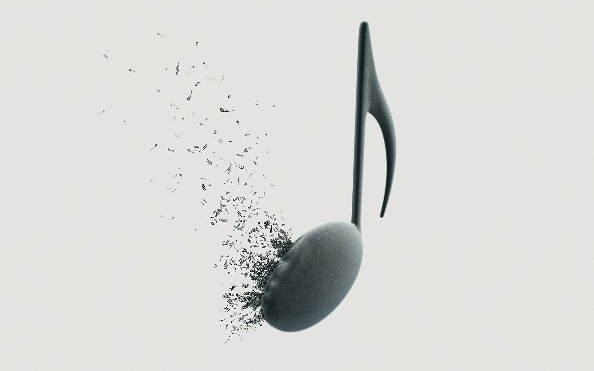 Nota musicale, Disintegrazione, Rendering 3D, Sfondo bianco, 1920x1200, wallpaper desktop