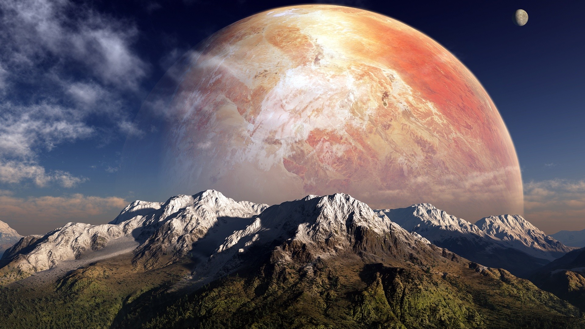 Pianeta gigante, Montagne innevate, Cielo, 16:9 Full HD, sfondo widescreen