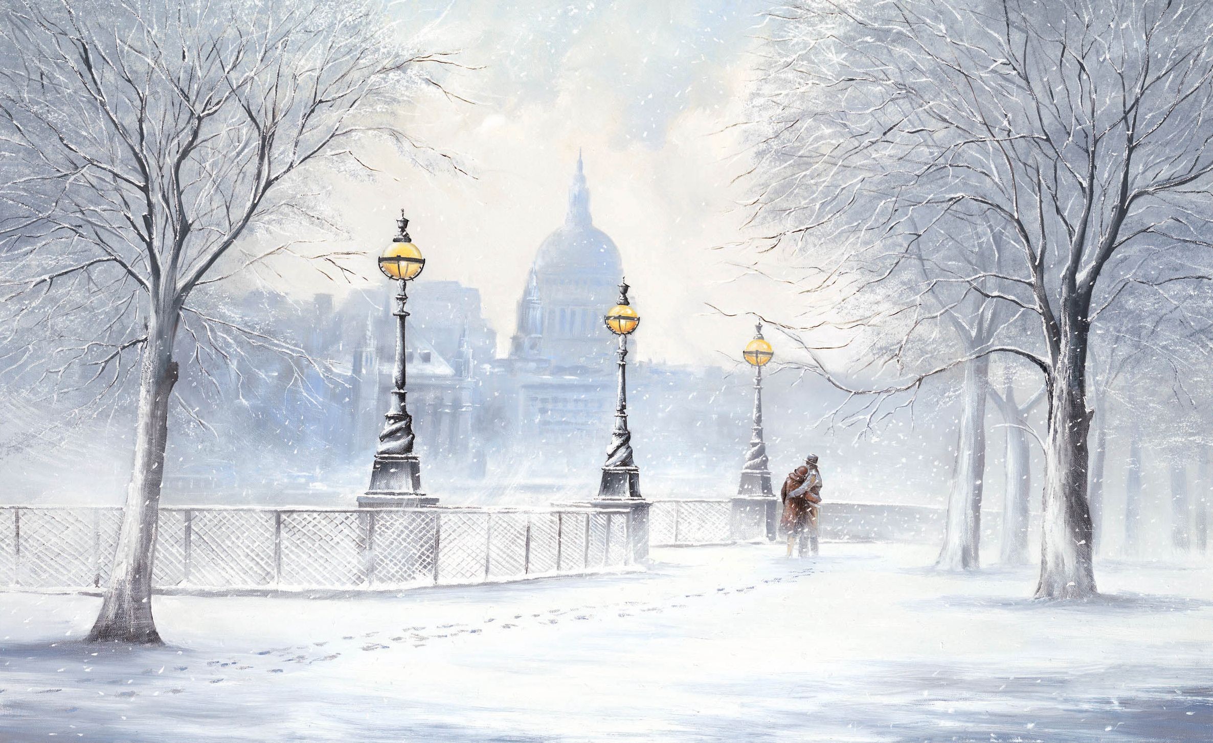 Lampioni, Alberi innevati, Città, Nevicata, Pittura, sfondo per il tuo desktop