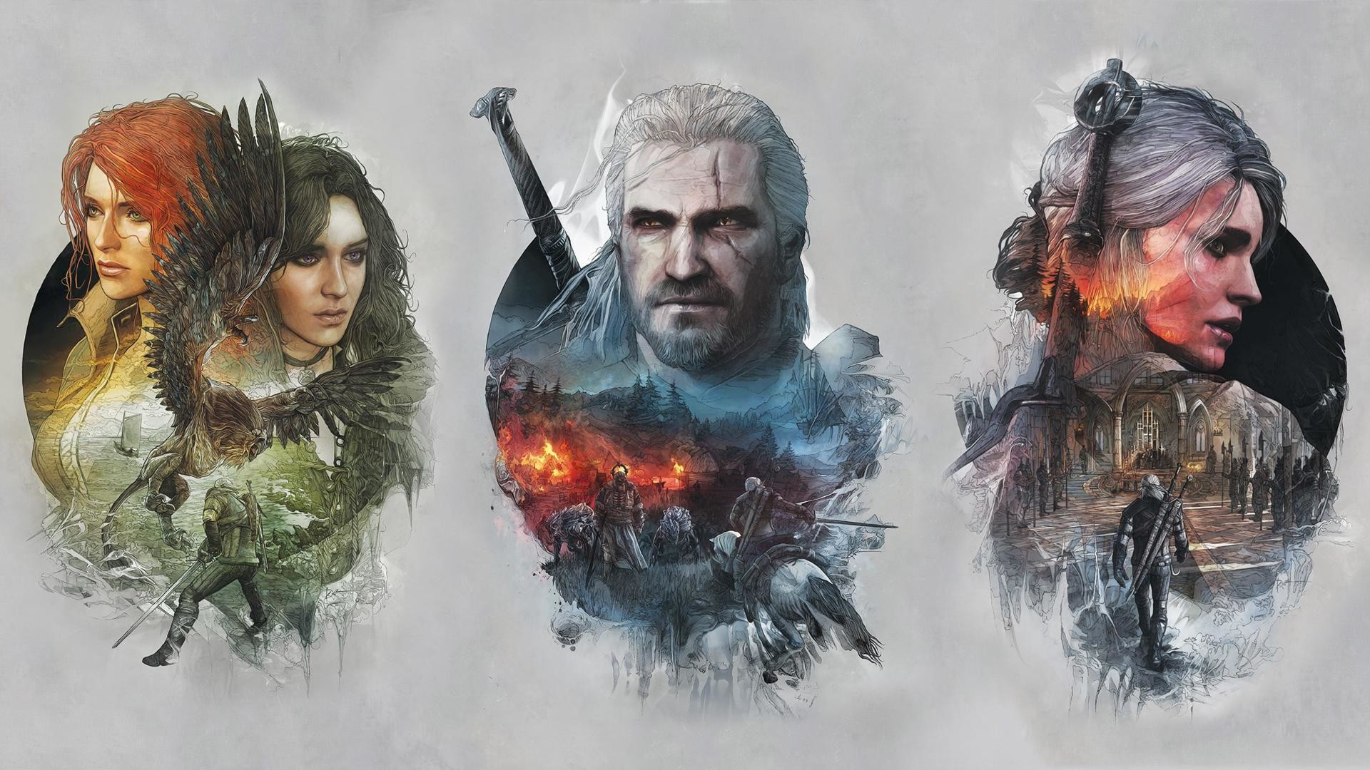 Geralt di Rivia, Ciri, Triss Merigold, Yennefer di Vengerberg, The Witcher 3: Wild Hunt, Doppia esposizione, sfondo per PC