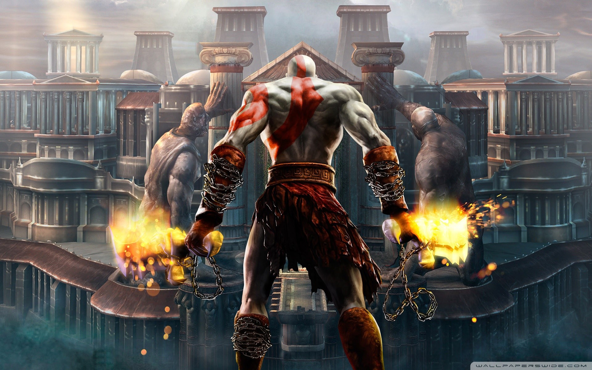 Kratos, God of War II, Lame del Caos, Fuoco, Tempio greco, 1920x1200, sfondo MacBook Pro