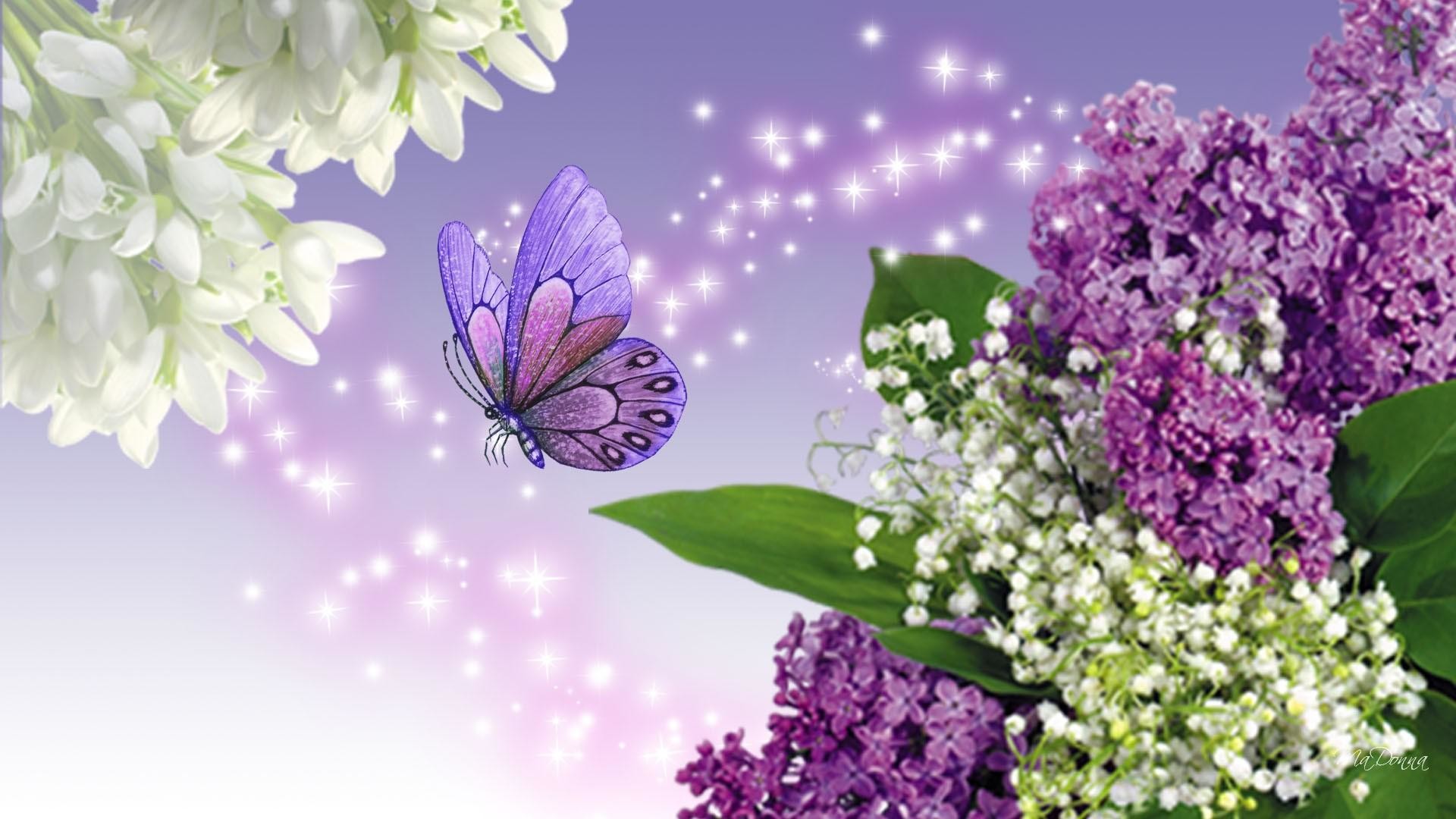 Lillà, Mughetto, Farfalla, Arte digitale, Viola, 16:9 Full HD, sfondo widescreen