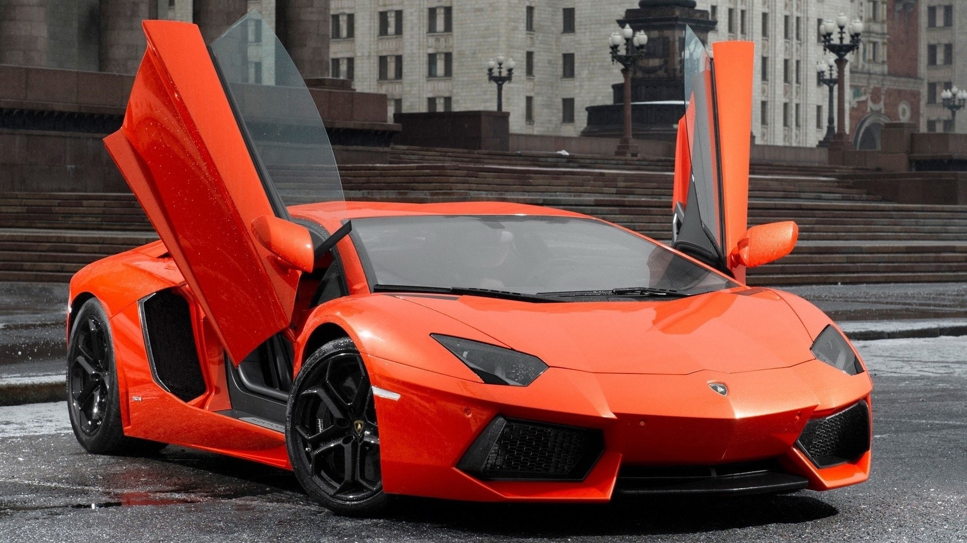 Lamborghini Aventador LP700-4, Porte a forbice, Arancione, Città, sfondo desktop Full HD