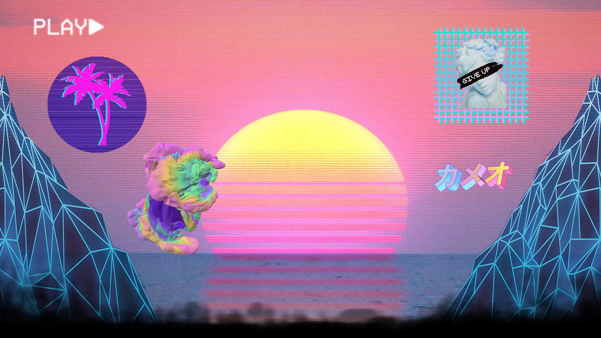 Vaporwave, Sole retro, Palma, Busto classico, Montagne, Full HD, wallpaper per PC