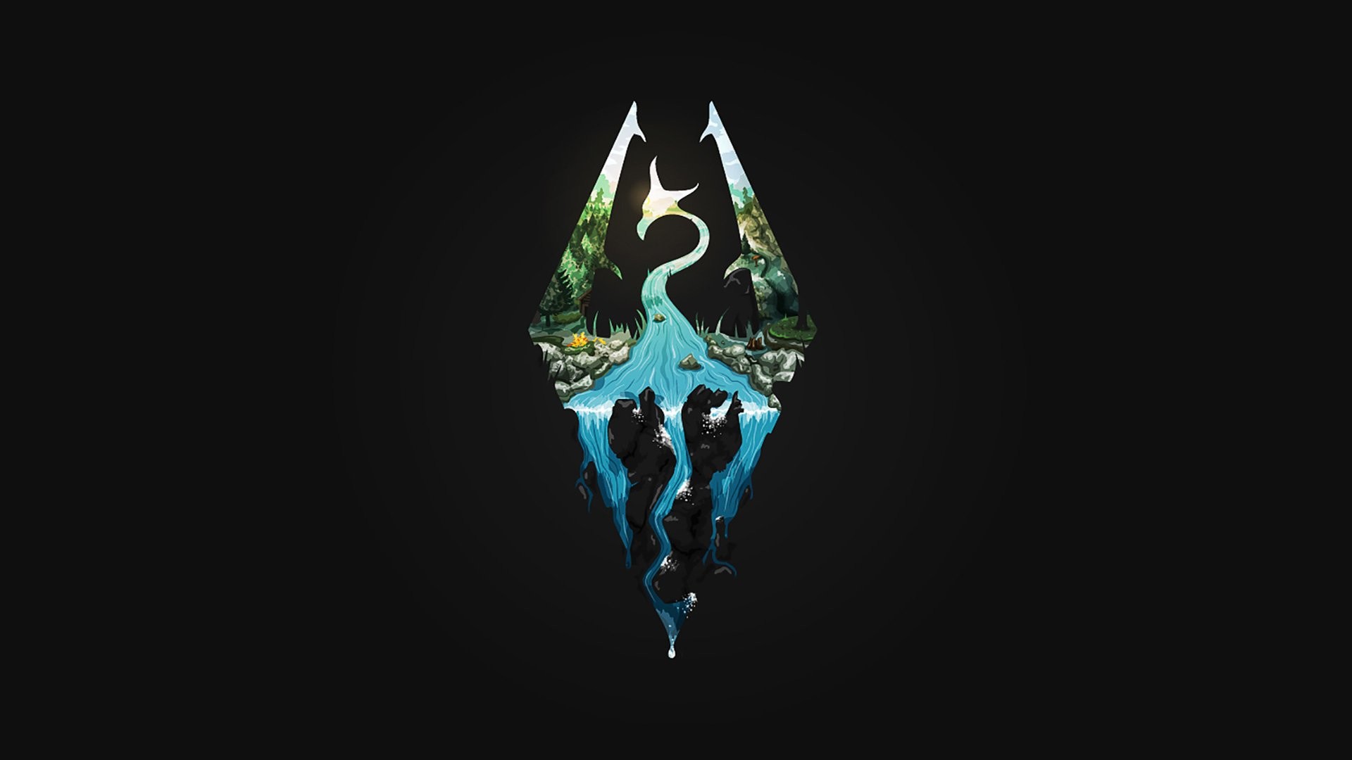 The Elder Scrolls V: Skyrim, Simbolo di Skyrim, Sfondo nero, Doppia esposizione, wallpaper desktop