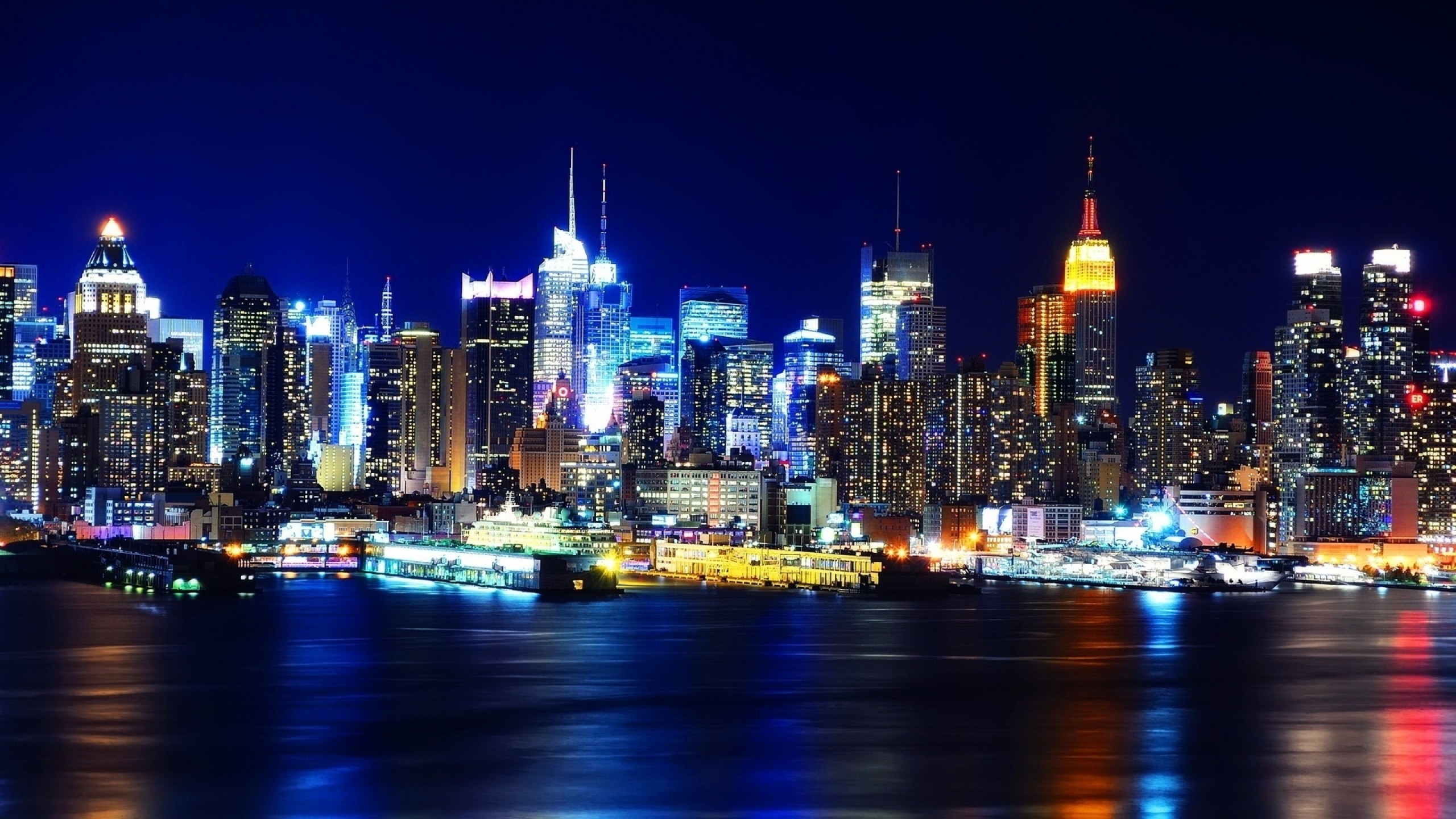 Manhattan, New York, Empire State Building, Skyline, Notte, 2K, sfondo Windows 11