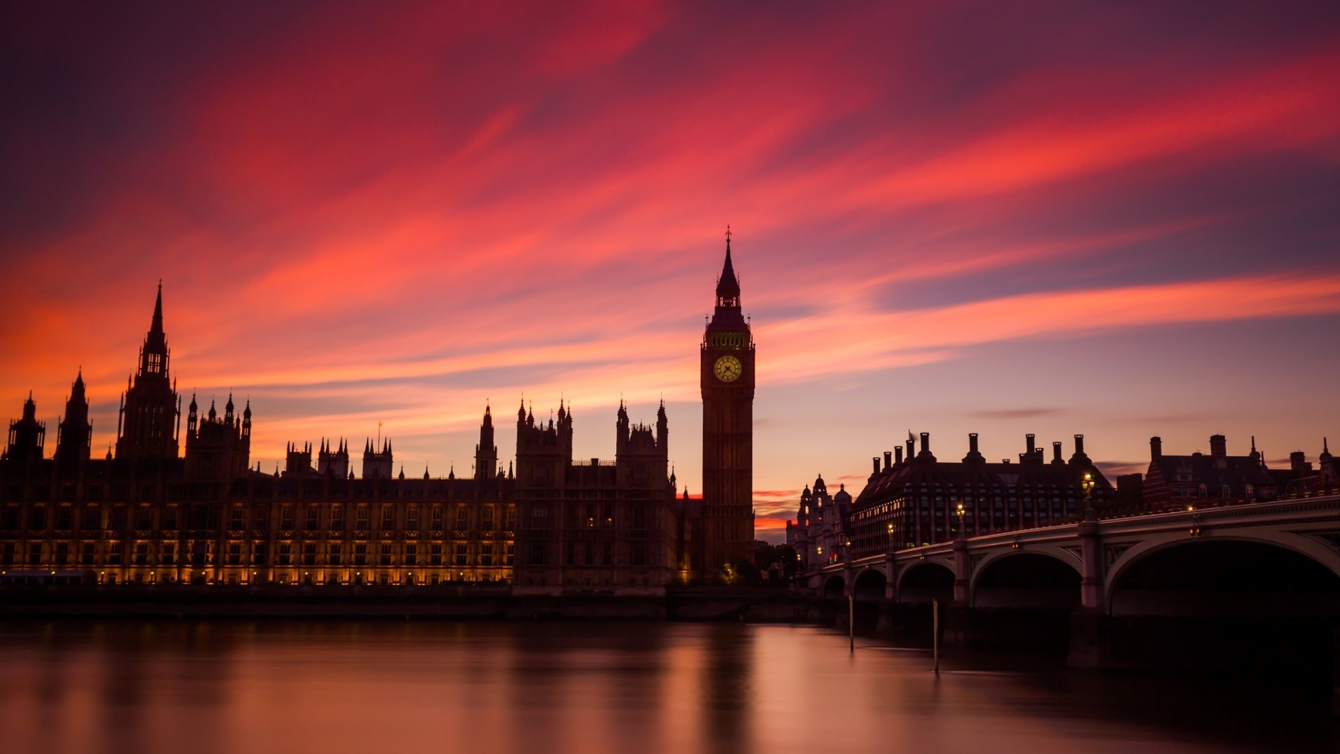 Palazzo di Westminster, Big Ben, Londra, Tramonto, Silhouette, Full HD, sfondo per PC