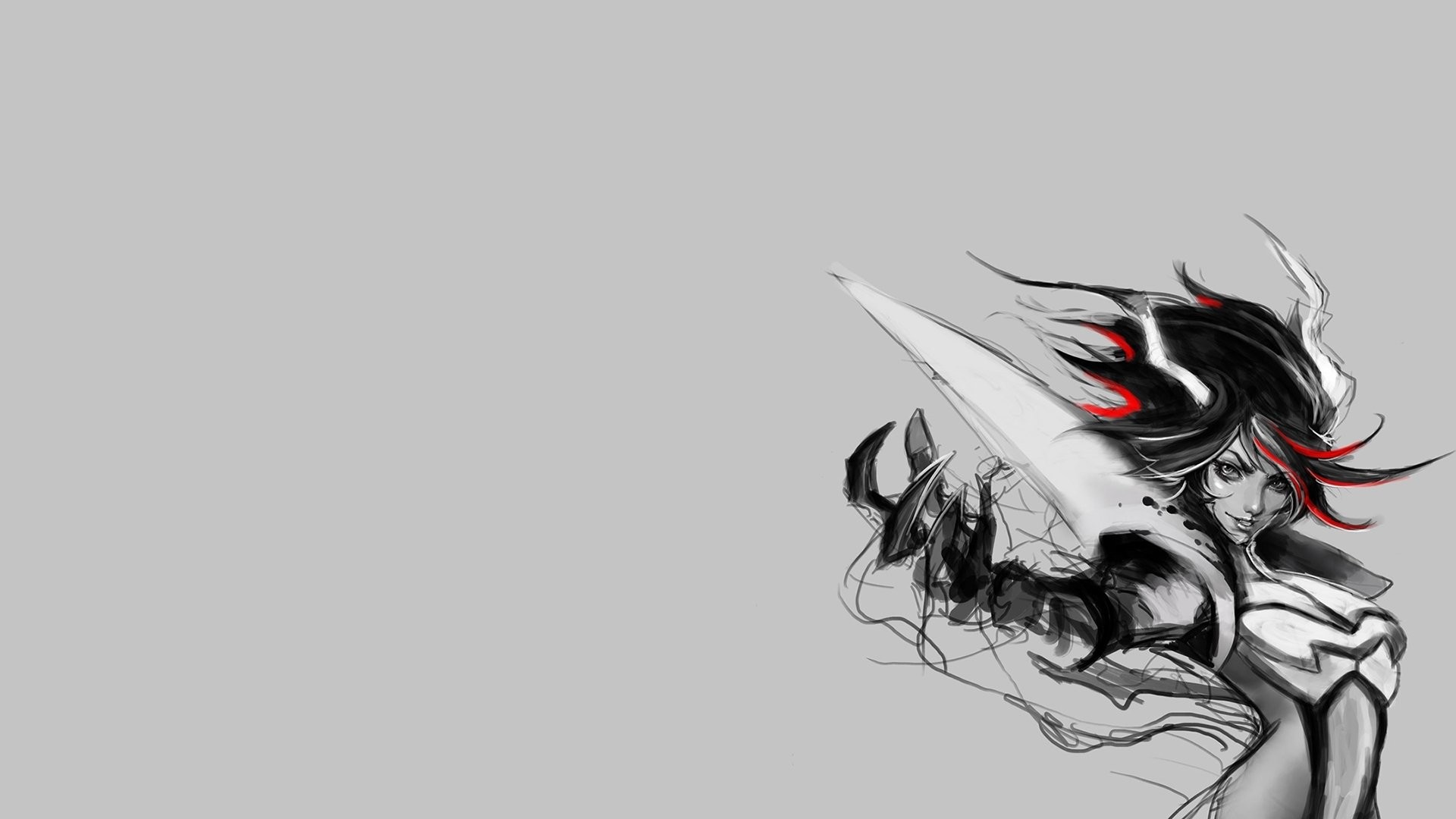 Ryuko Matoi, Kill la Kill, Bianco e nero, Sfondo grigio, Full HD, wallpaper per PC