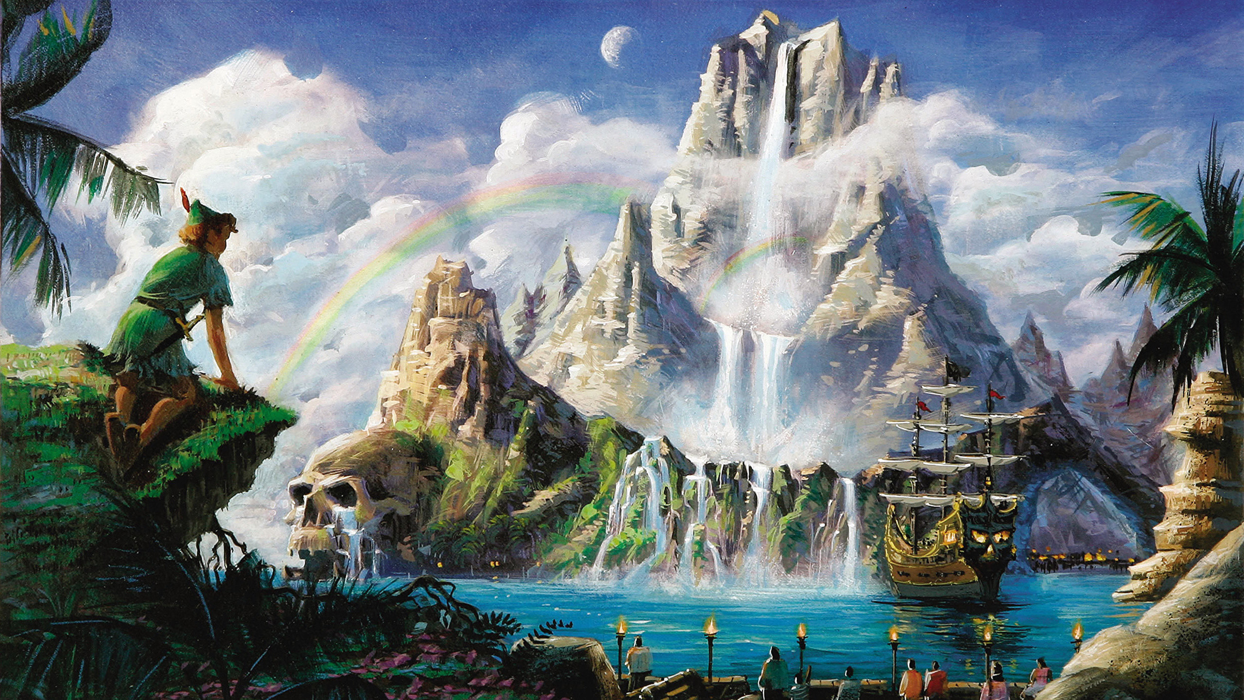 Isola che non c'è, Peter Pan, Teschio, Nave pirata, Cascate, 2560x1440, sfondo per PC