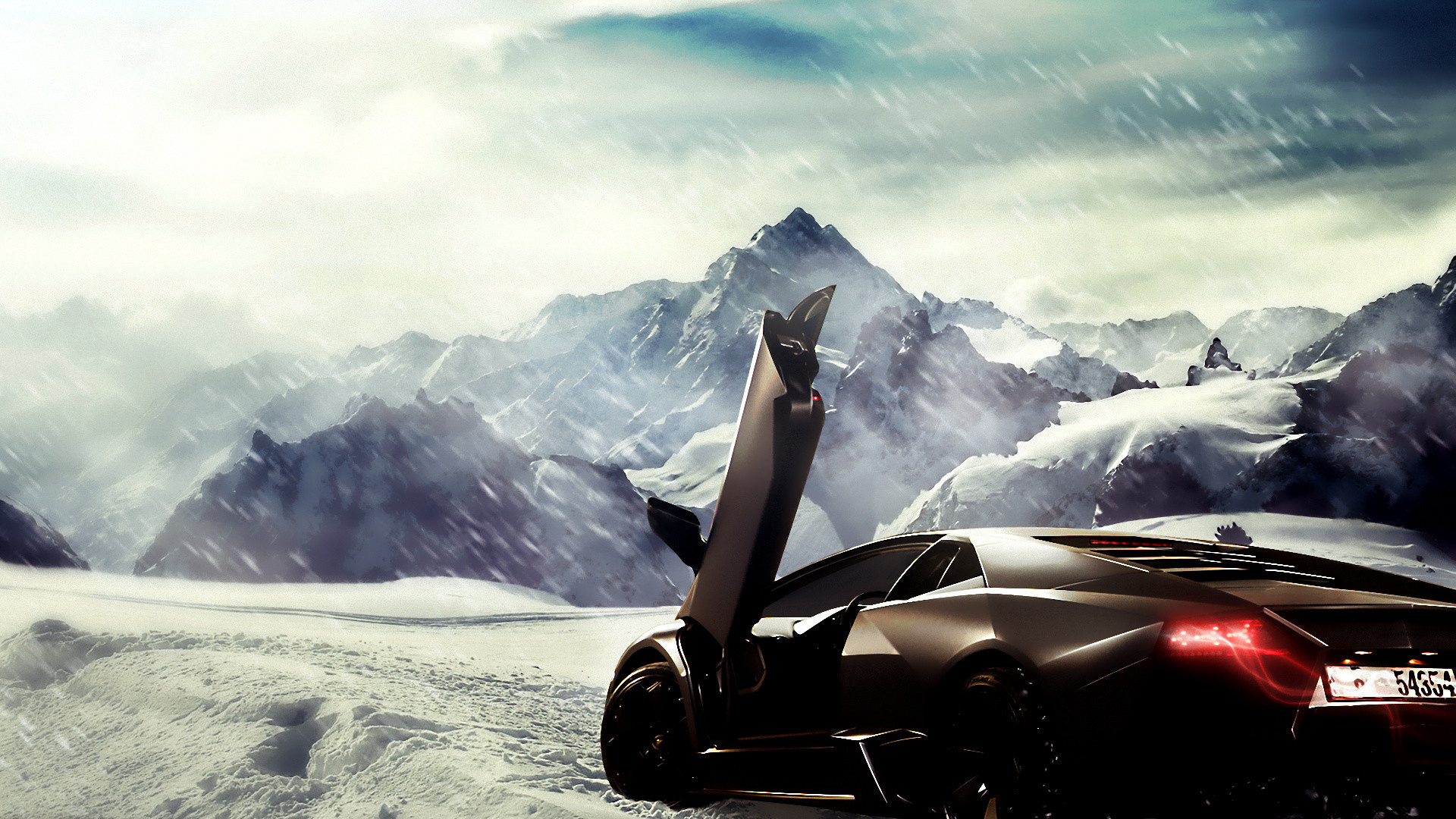 Lamborghini Aventador, Montagne innevate, Portiere a forbice, Neve, sfondo desktop 1920x1080