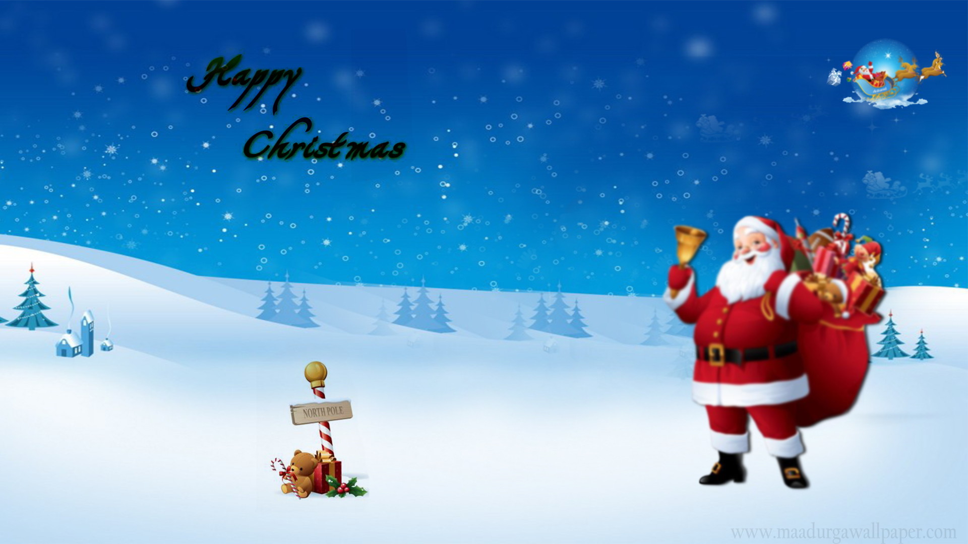 Babbo Natale, Buon Natale, Paesaggio innevato, Slitta, Illustrazione, sfondo 16:9 Full HD