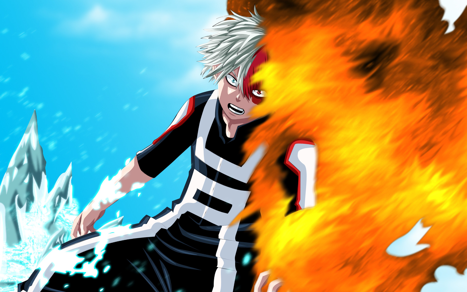 Shoto Todoroki, My Hero Academia, Ghiaccio e fuoco, Costume da eroe, Azione, sfondo Full HD