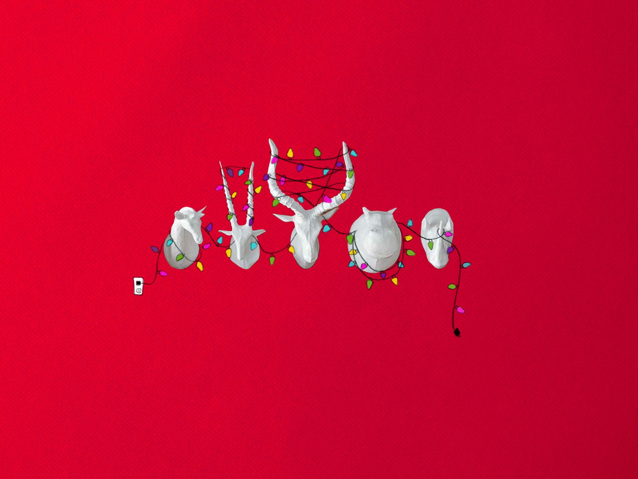 Renne, Teste di renna, Luci, Sfondo rosso, Minimalismo, Full HD, schermata di blocco iPad