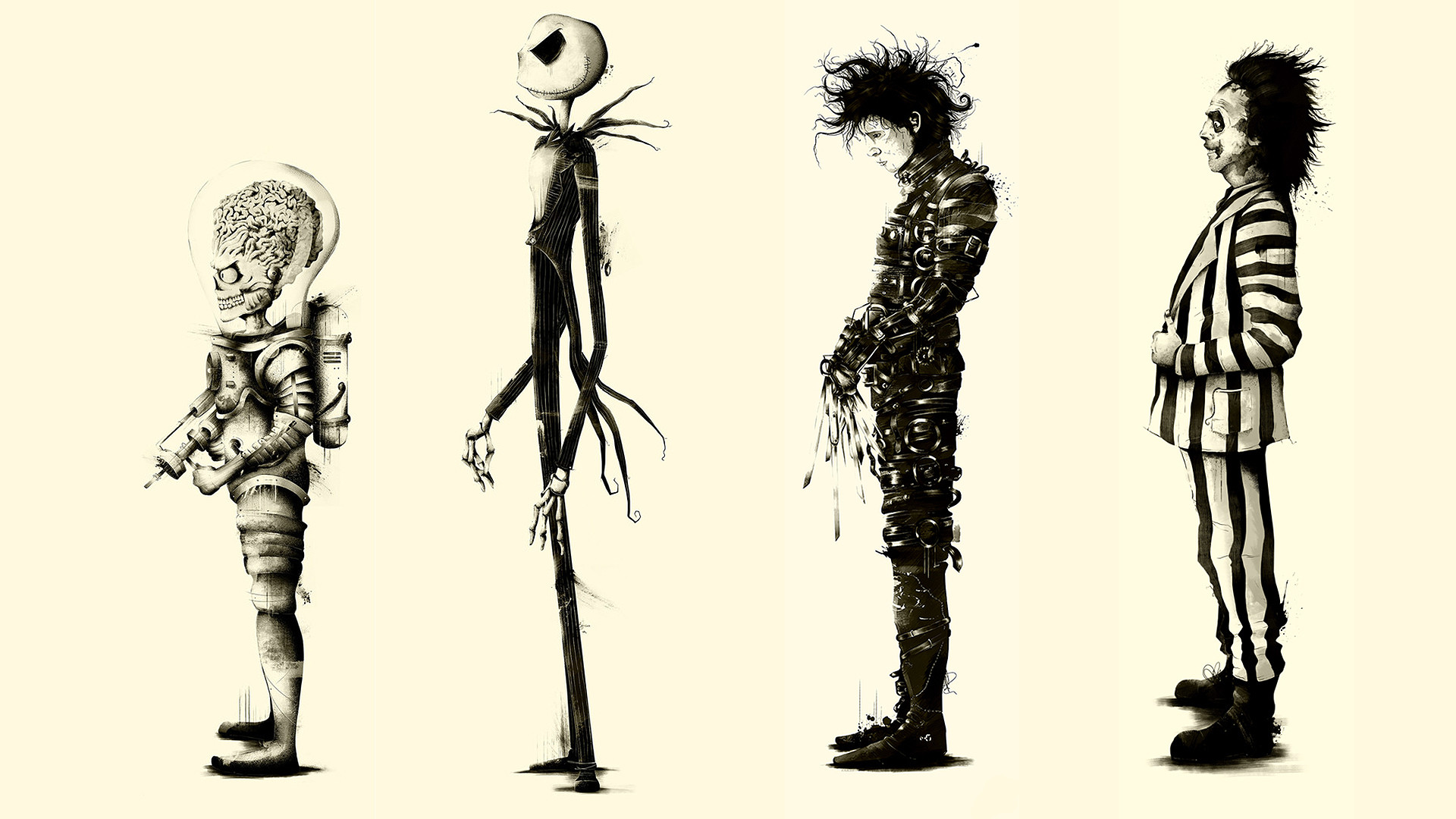 Jack Skellington, Edward mani di forbice, Beetlejuice, Mars Attacks!, Tim Burton, Illustrazione, sfondo 1080p