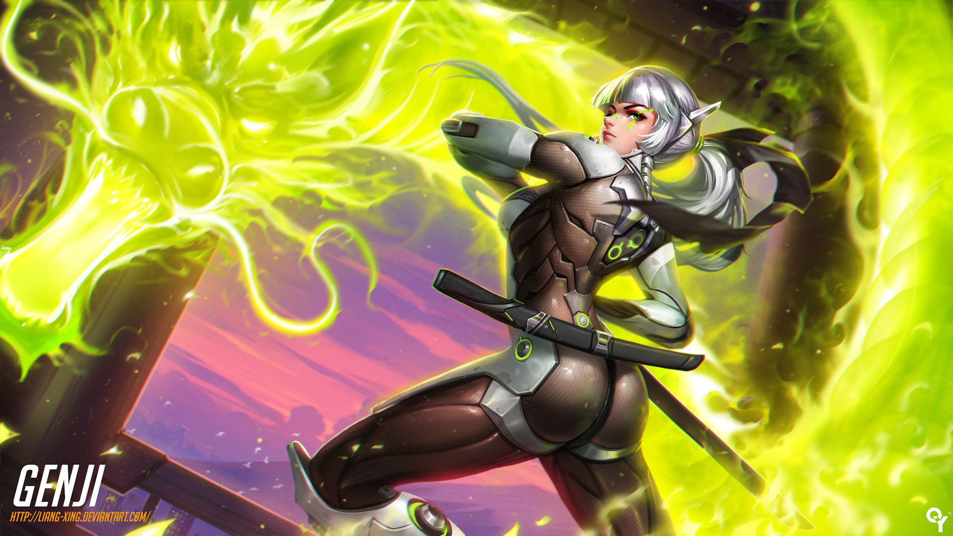 Overwatch, Genji, Spada, Luce verde, Full HD, sfondo per PC