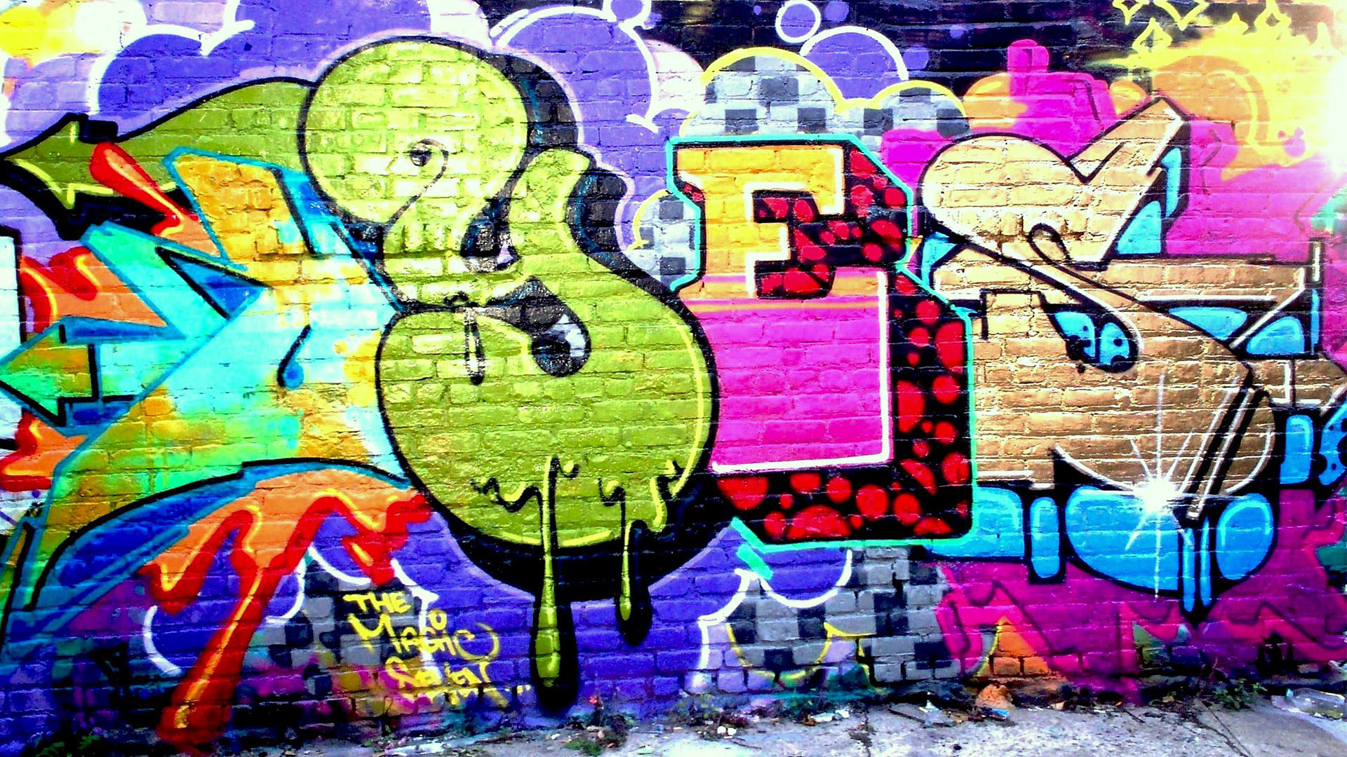 Graffiti, Lettering, Colori vivaci, Muro di mattoni, Full HD, sfondo Windows 11