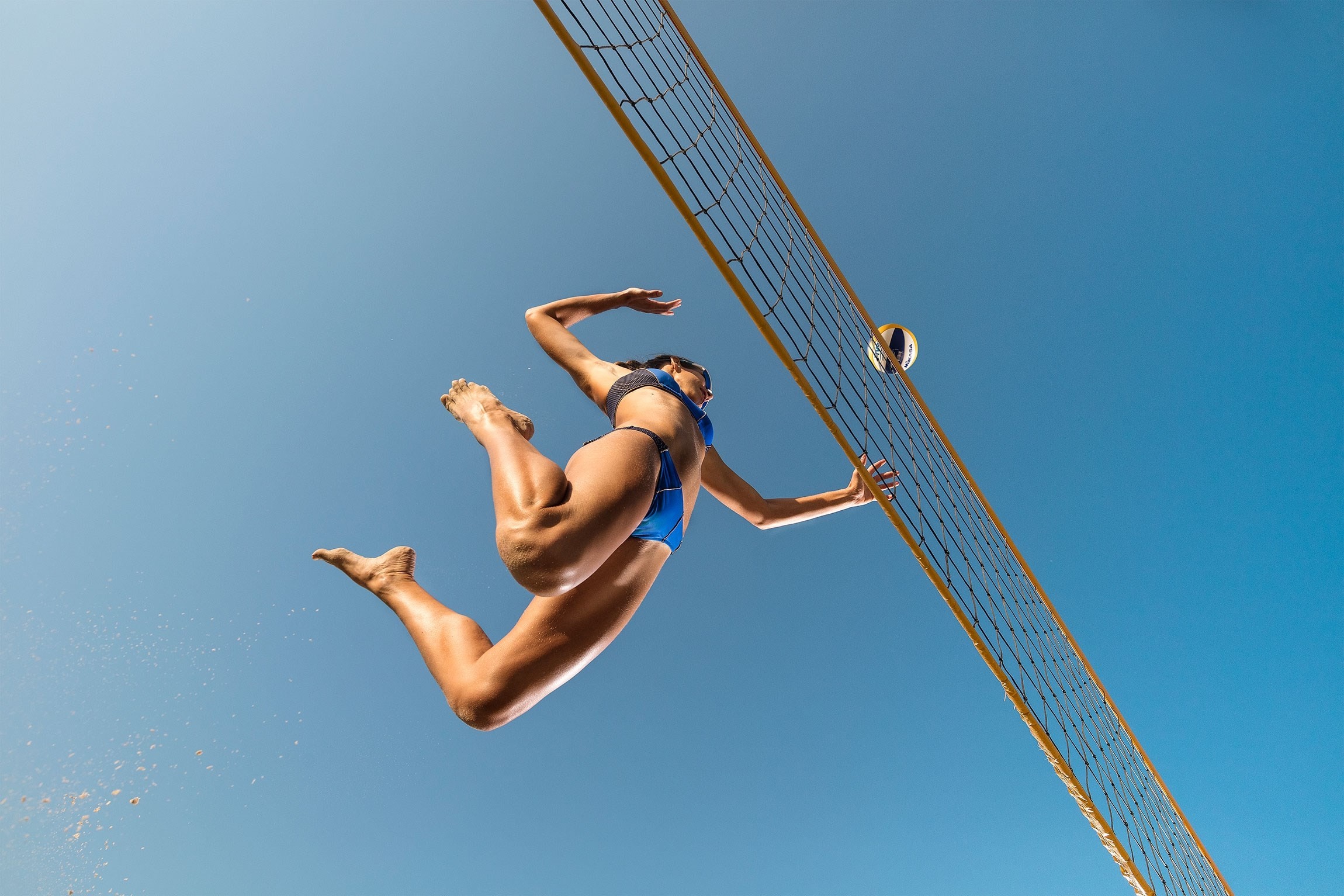 Beach volley, Tuffo, Rete, Cielo azzurro, Full HD, sfondo per portatile