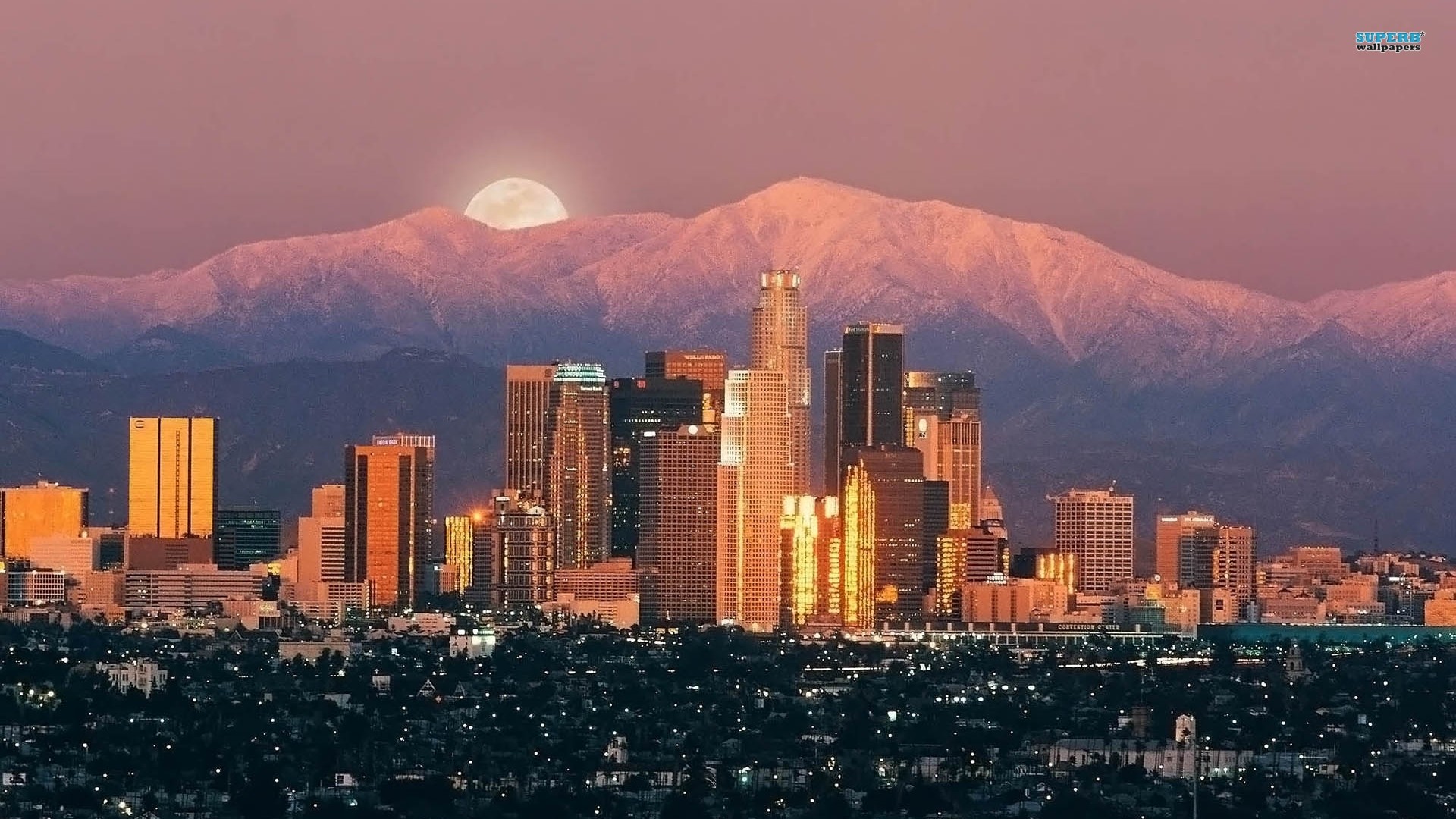 Downtown Los Angeles, Monti San Gabriel, Luna, Tramonto, Grattacieli, sfondo desktop 1920x1080