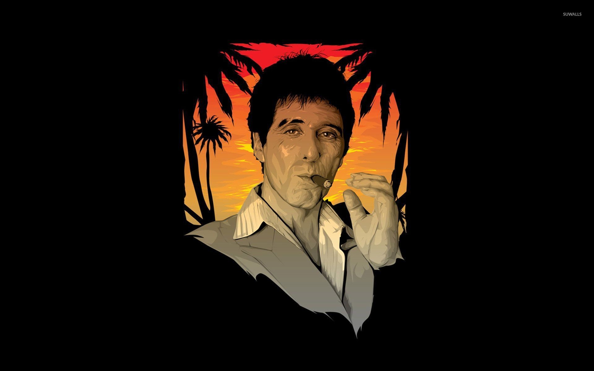 Tony Montana, Scarface, Al Pacino, Illustrazione, Palme, Tramonto, wallpaper per portatile