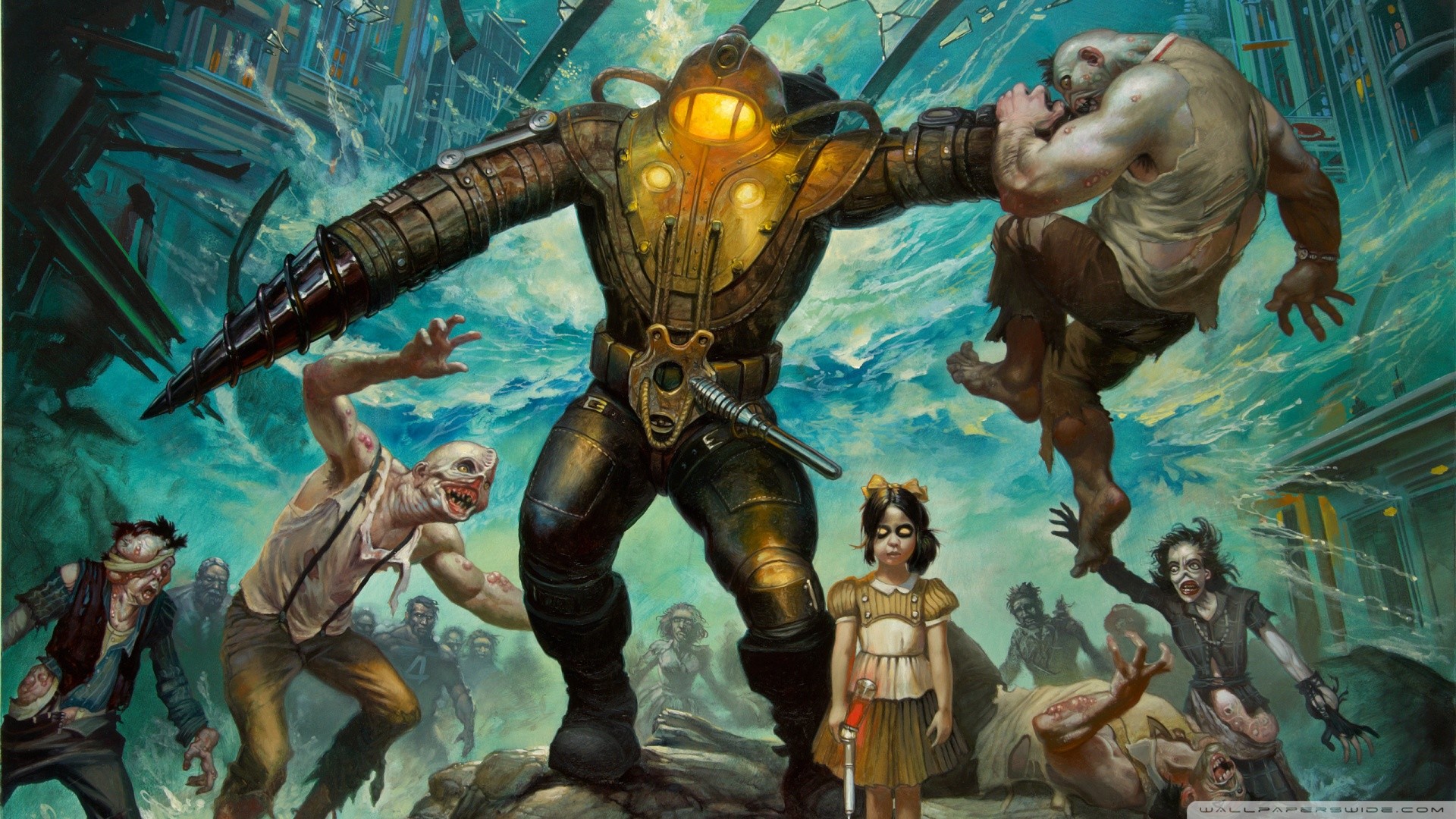 Big Daddy, Little Sister, BioShock, Splicer, Illustrazione, Full HD 1080p, sfondo desktop