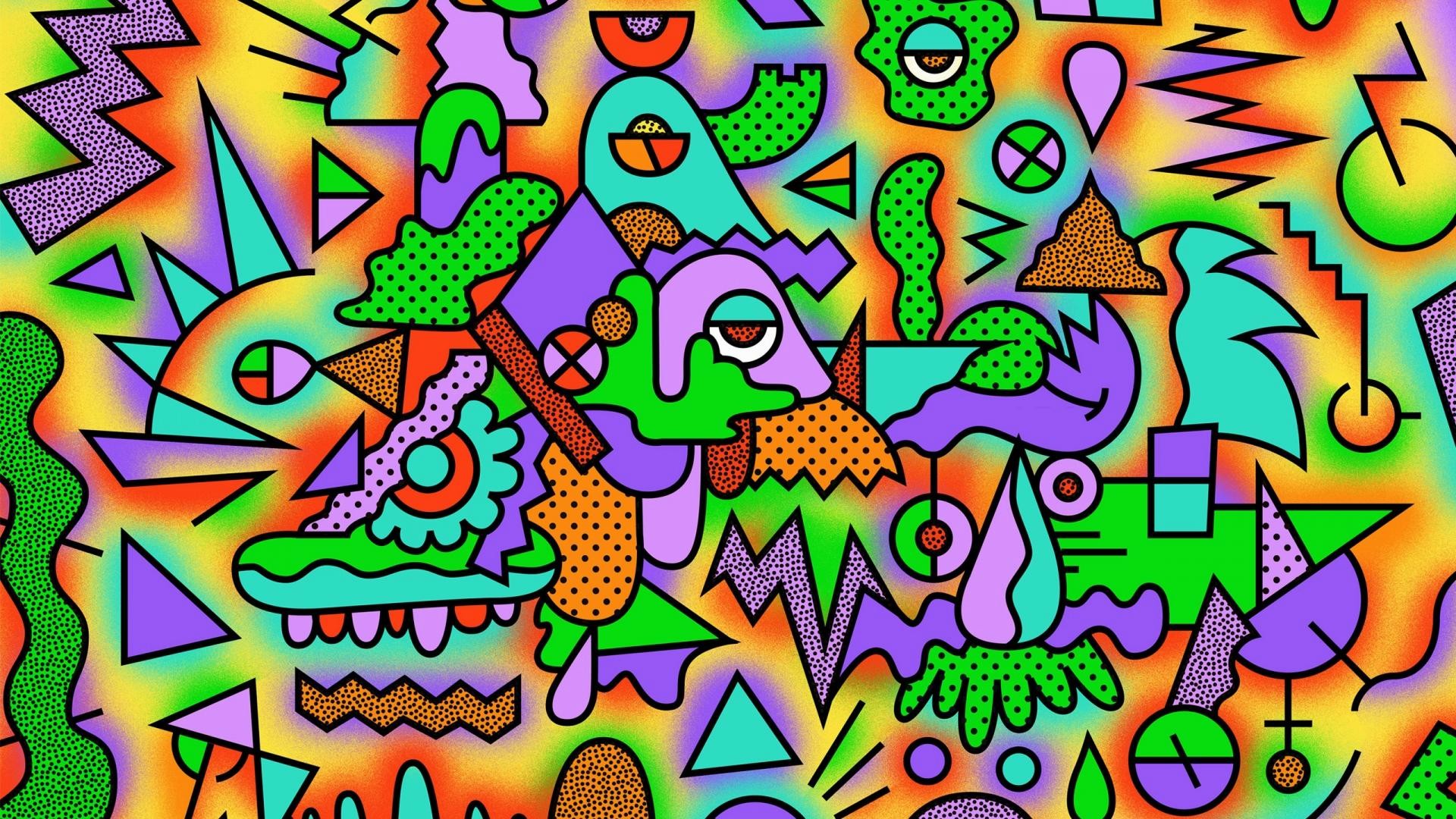 Doodle art, Forme geometriche, Colori neon, Full HD, sfondo Windows 11