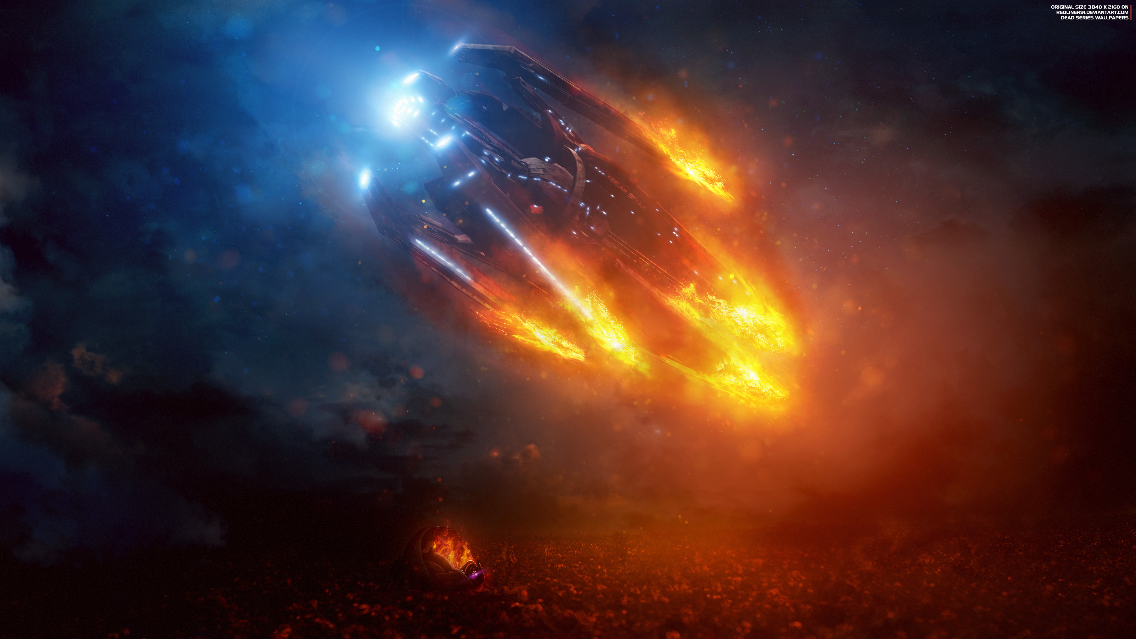 Astronave in fiamme, Spazio, Esplosione, Arancione, 4K, sfondo per PC