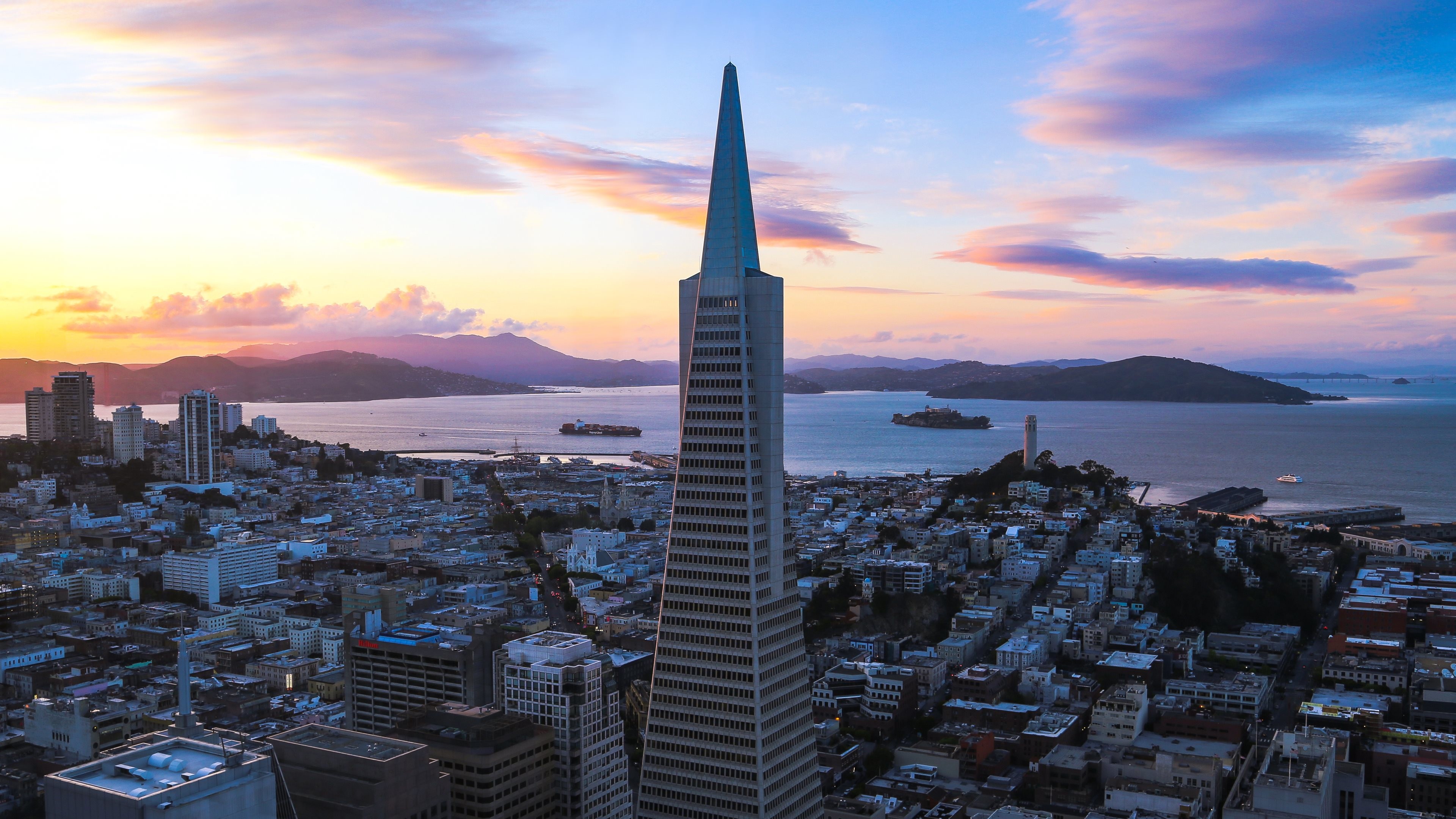 Transamerica Pyramid, San Francisco, Alcatraz, Tramonto, 4K, sfondo per PC e portatile