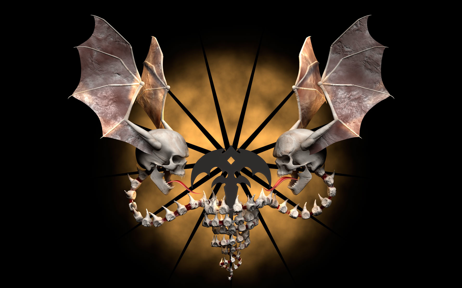 Teschi, Ali di pipistrello, Sfondo nero, Emblema, Full HD, wallpaper desktop