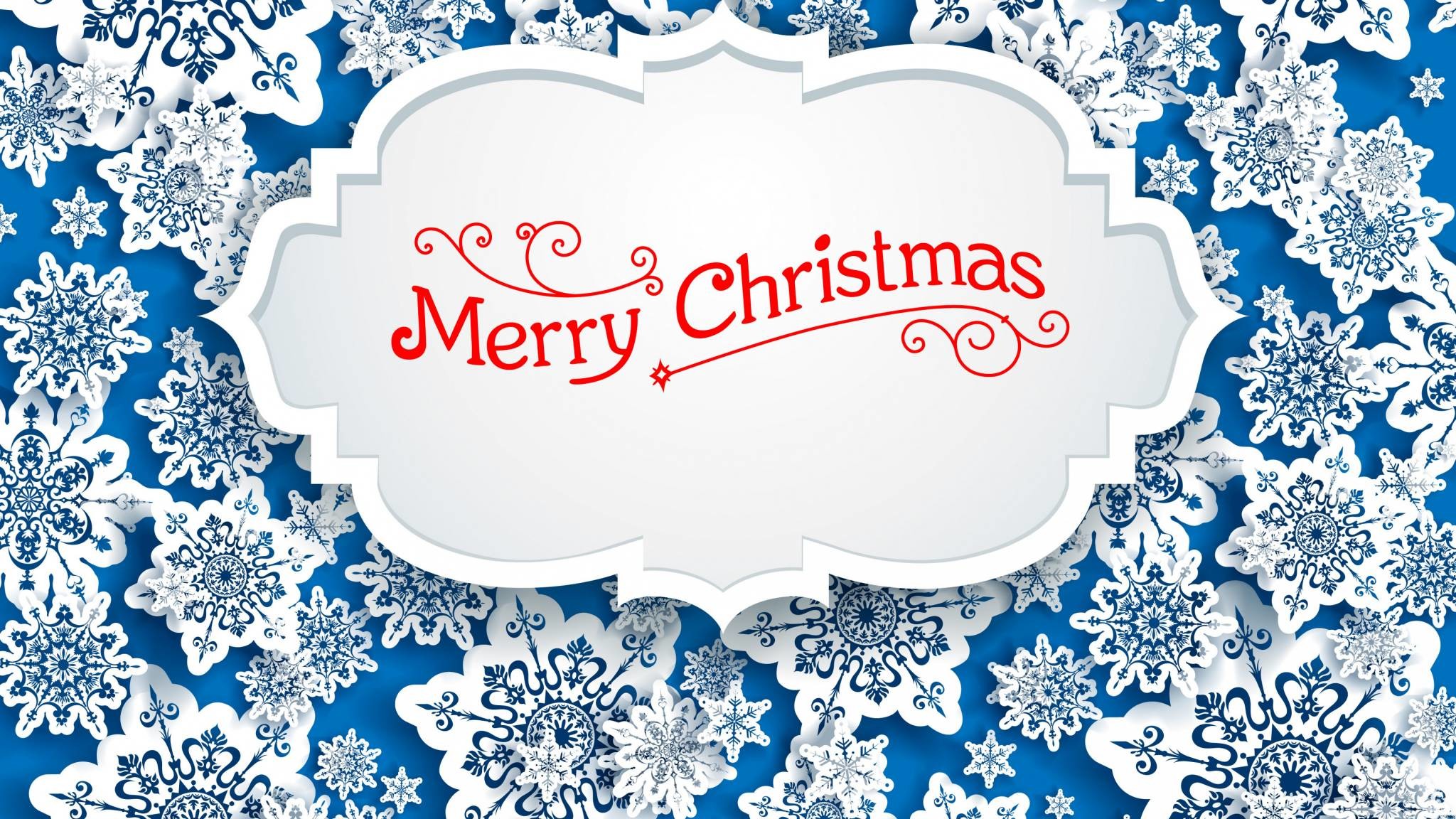 Merry Christmas, Fiocchi di neve, Cornice, Blu e bianco, Pizzo, Full HD, wallpaper per PC