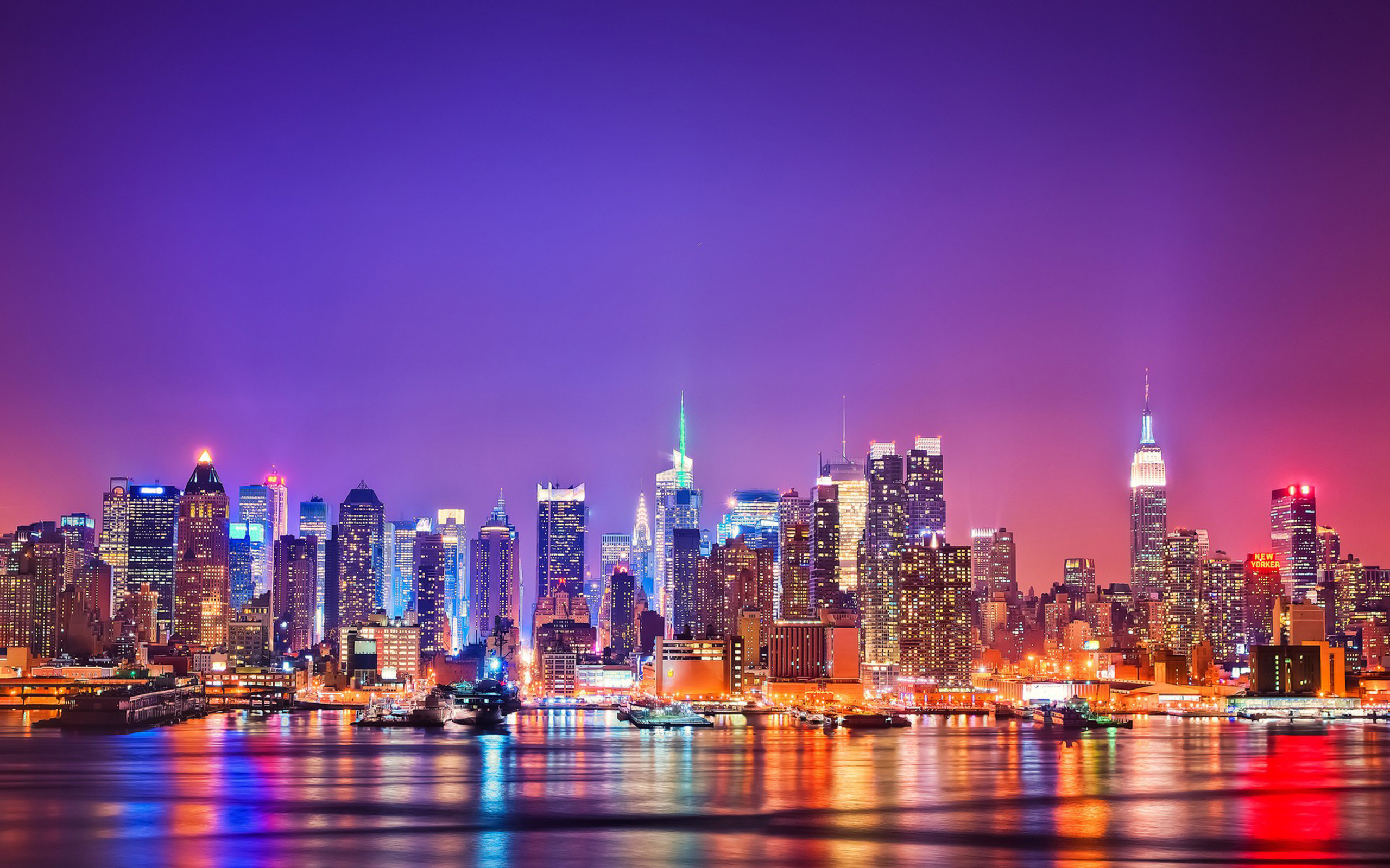 Skyline di Manhattan, New York, Notte, Cielo viola, 2K, wallpaper per portatile
