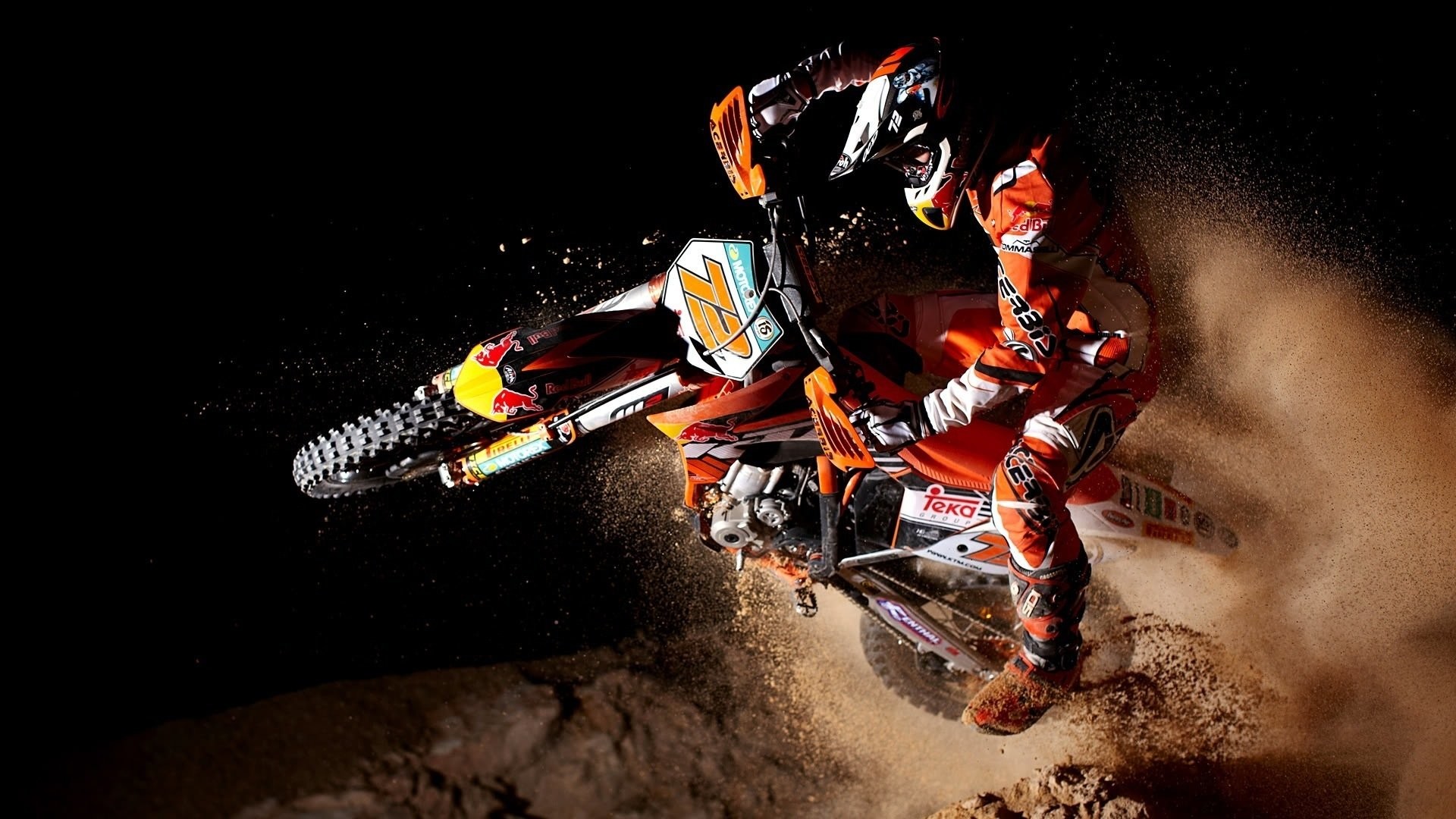 KTM, Red Bull, Motocross, Pilota, Sfondo nero, Full HD, wallpaper desktop