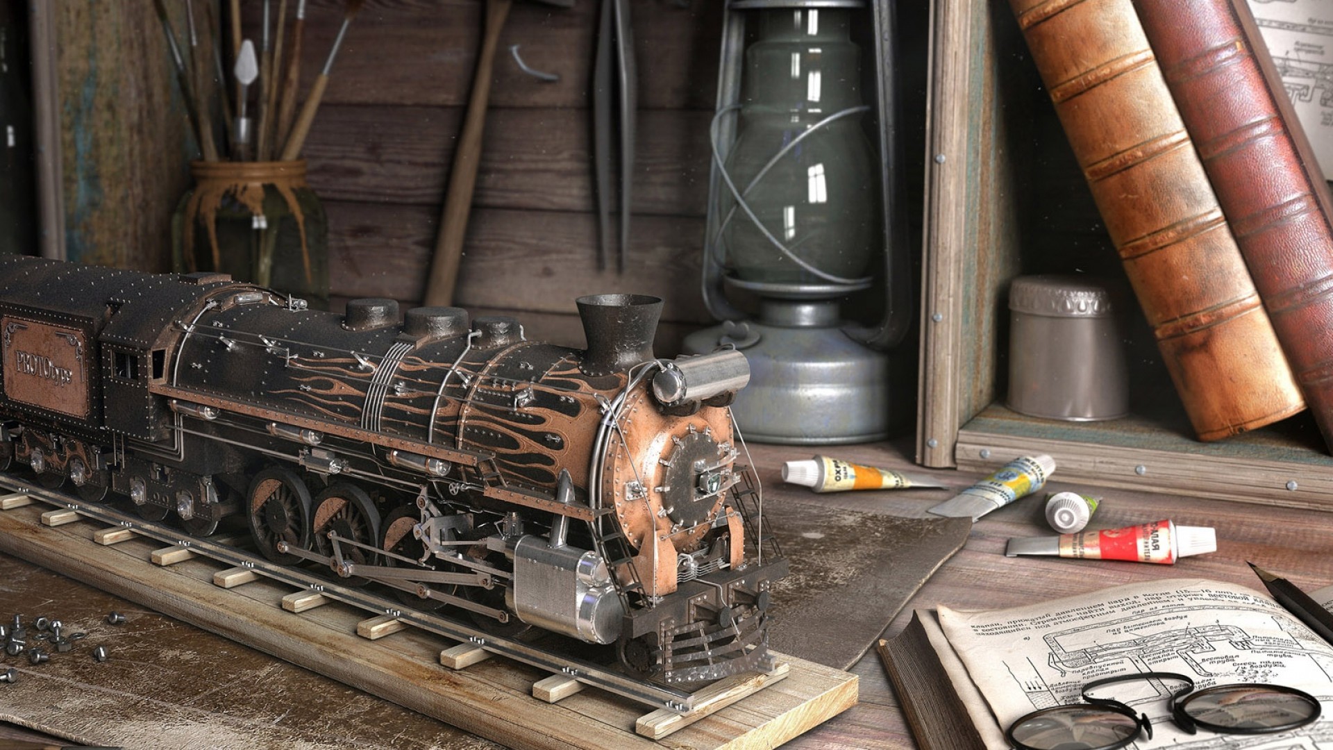 Locomotiva modellino, Libri antichi, Lanterna, Natura morta, Full HD 1080p, sfondo desktop