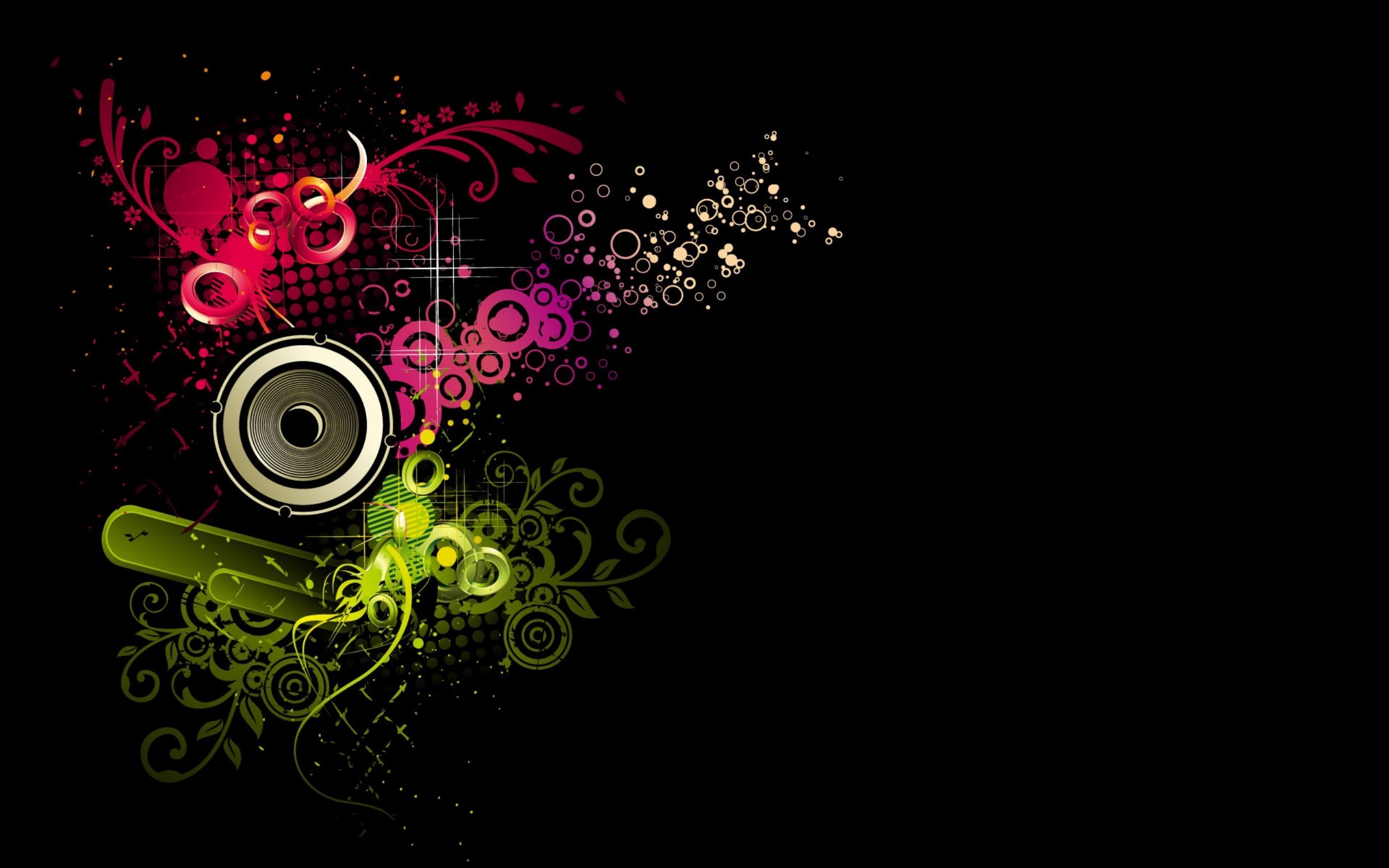 Cassa acustica, Ornamenti floreali, Arte vettoriale, Sfondo nero, wallpaper desktop 2K