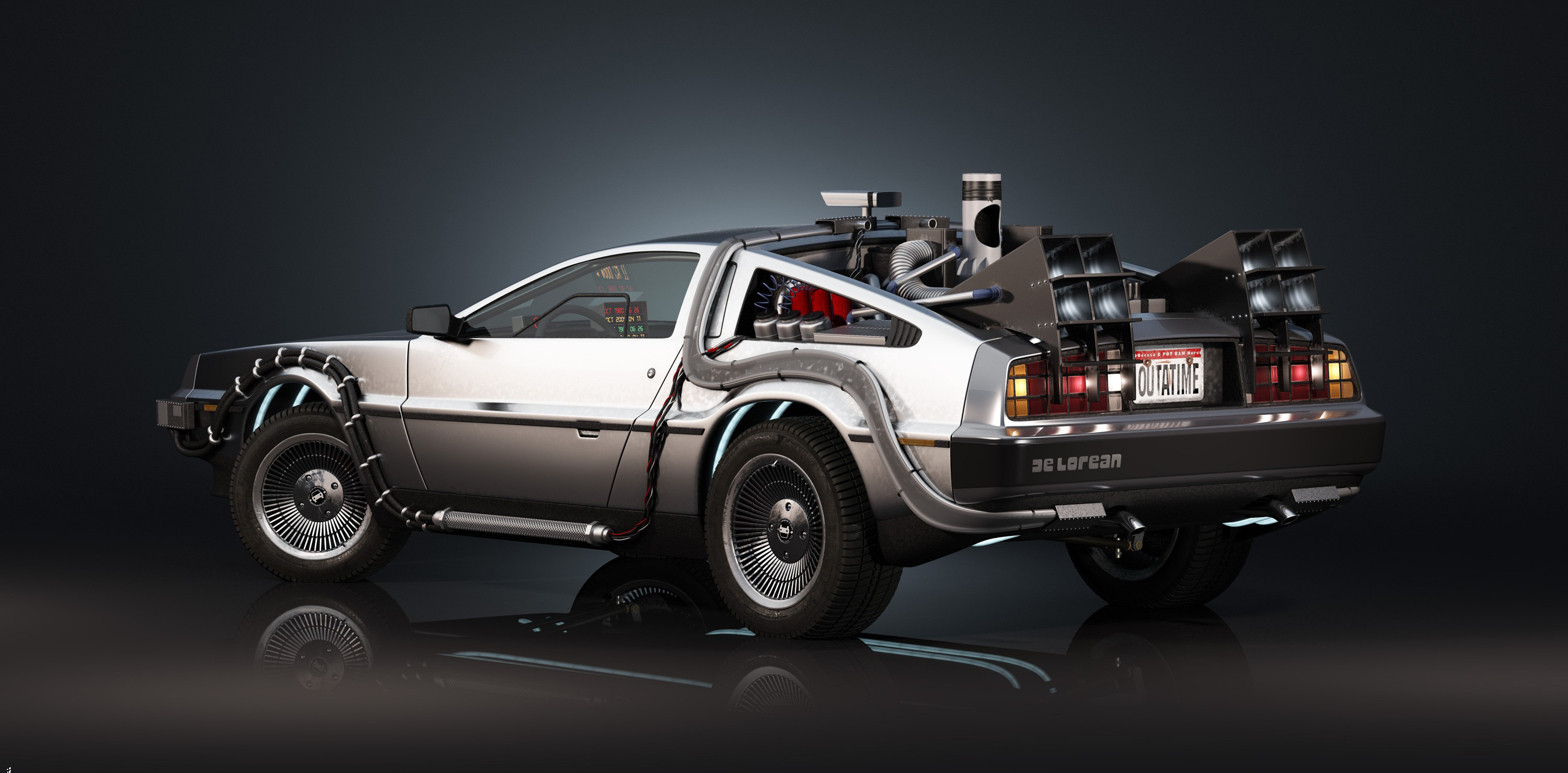 DeLorean DMC-12, Ritorno al futuro, Macchina del tempo, Sfondo nero, wallpaper desktop 2K