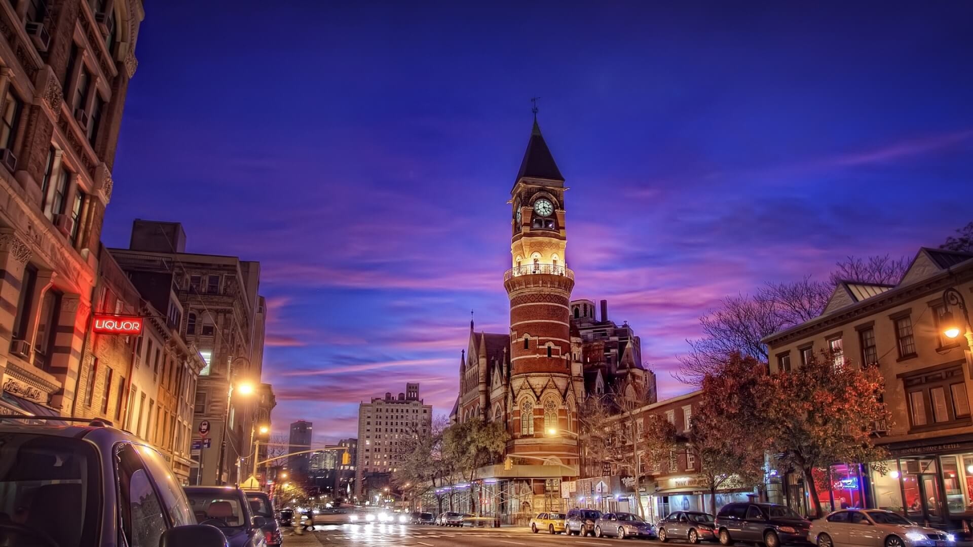 Jefferson Market Library, Greenwich Village, New York, Crepuscolo, Torre dell'orologio, sfondo Full HD