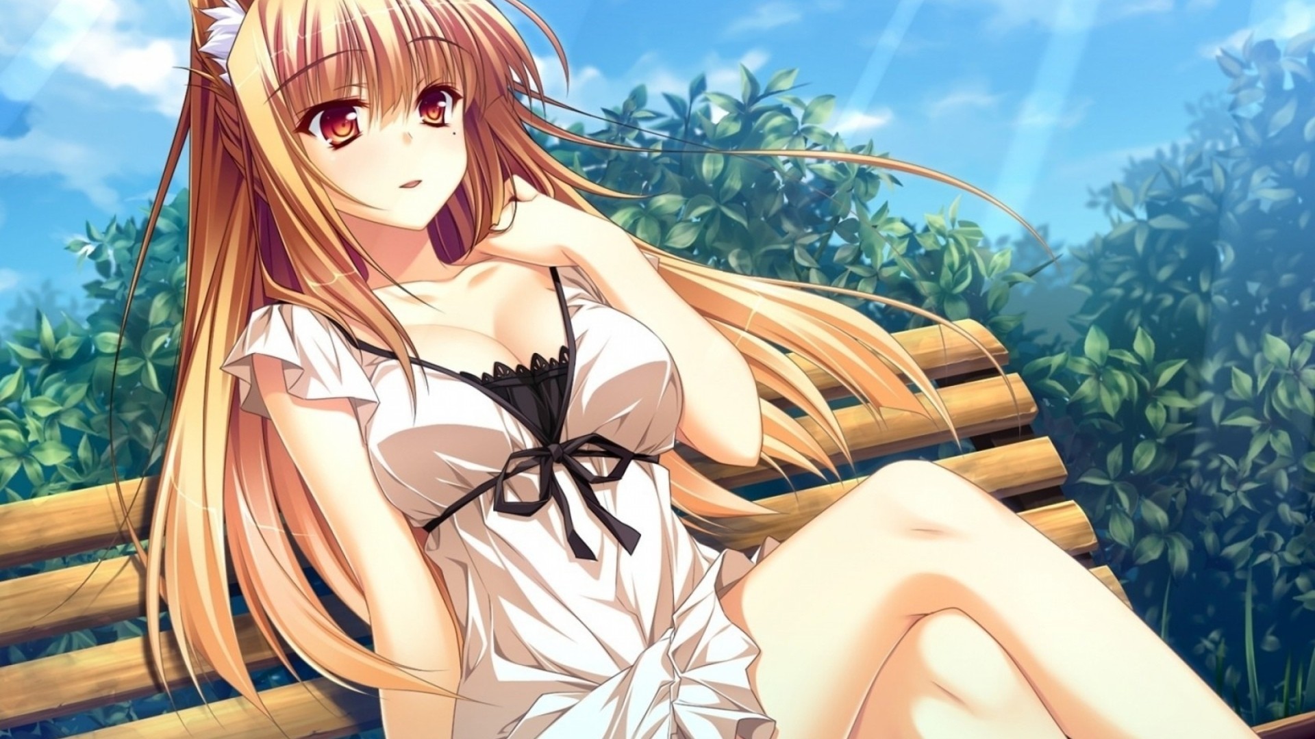 Ragazza anime, Panchina, Capelli biondi, Estate, Full HD, sfondo per portatile
