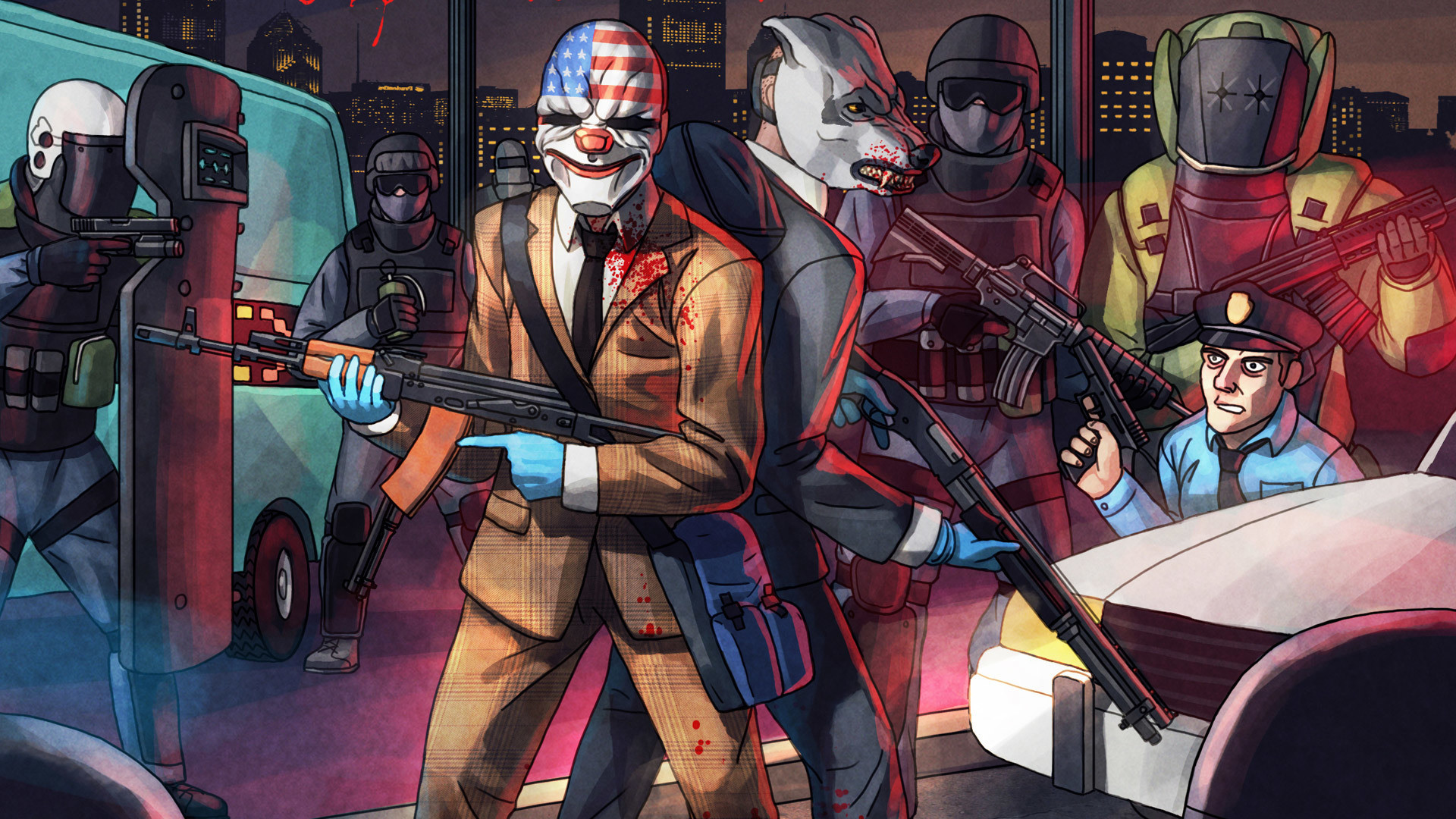 Payday Gang, Payday 2, Fumetto, Polizia, Full HD, sfondo per portatile